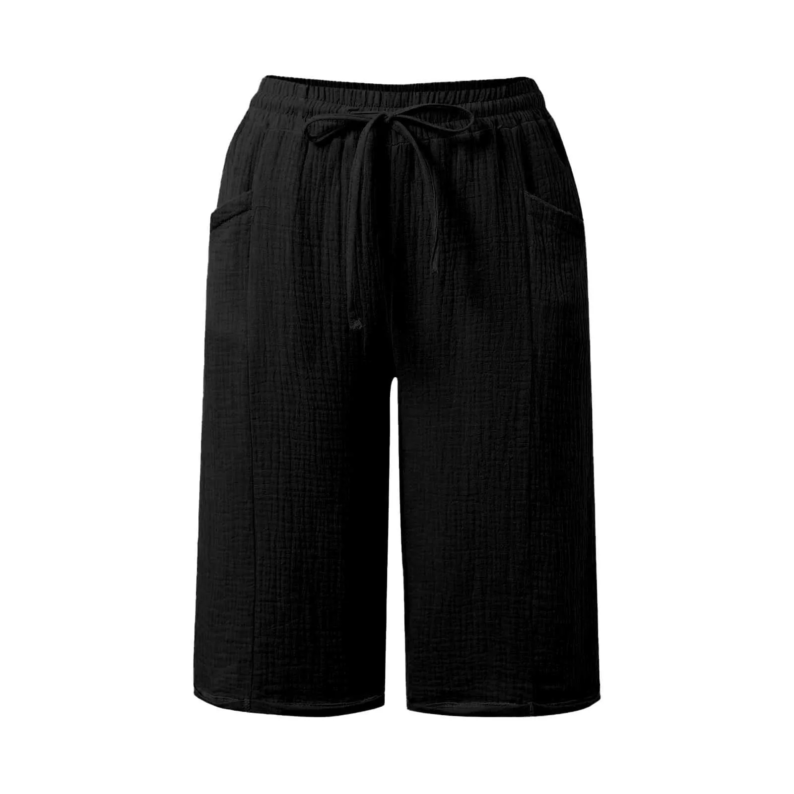 Generico Pantaloni Capri in Lino e Cotone Donna Vita Alta Larghi con Coulisse e Tasche Tinta Unita - immagine 6