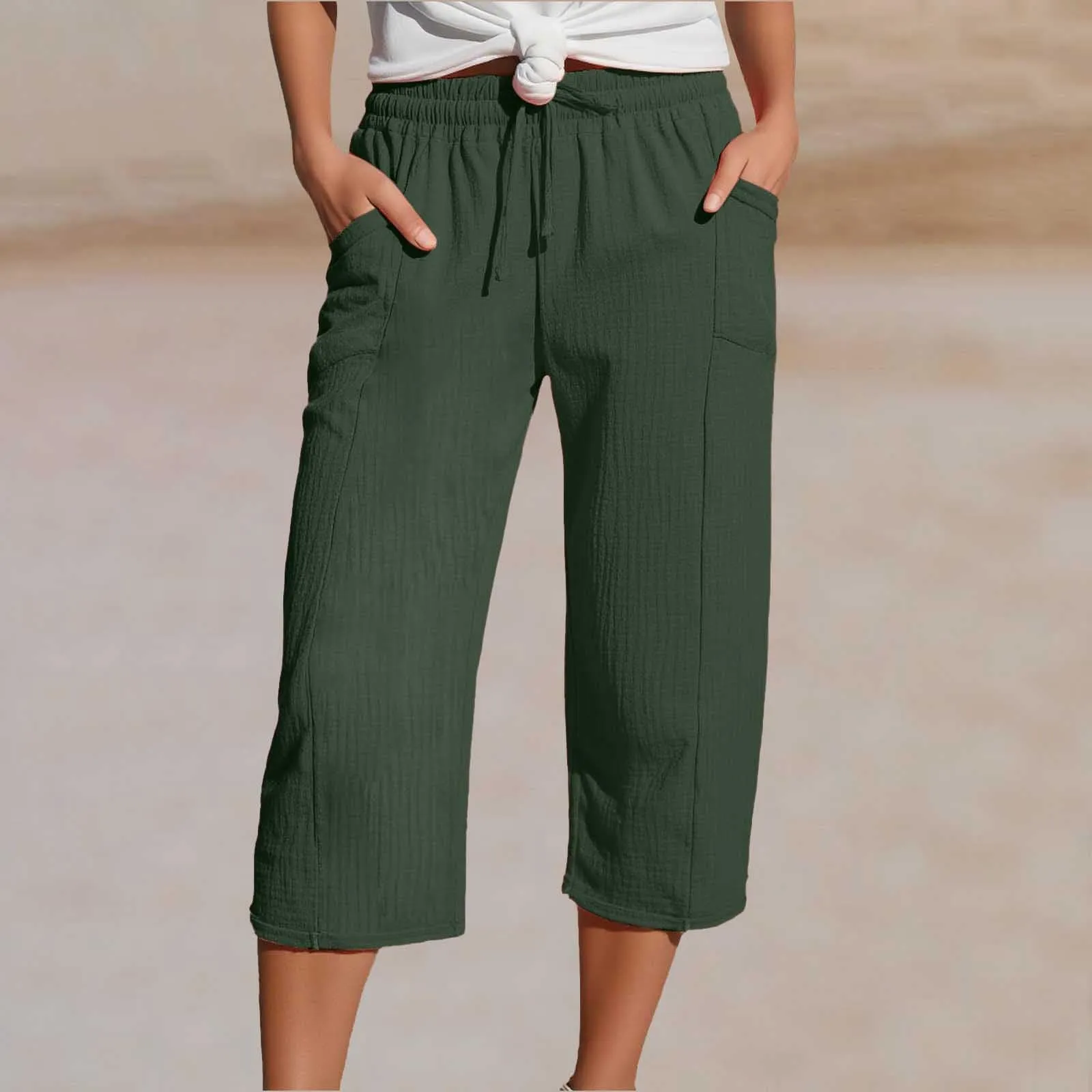 Generico Pantaloni Capri in Lino e Cotone per Donna, Vita Alta, Gamba Larga, Tinta Unita con Tasche - immagine 2