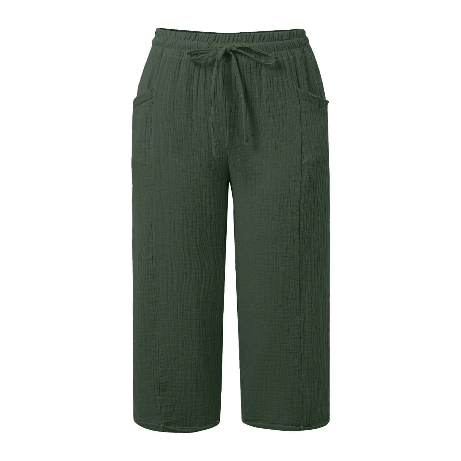 Generico Pantaloni Capri in Lino e Cotone per Donna, Vita Alta, Gamba Larga, Tinta Unita con Tasche - immagine 8