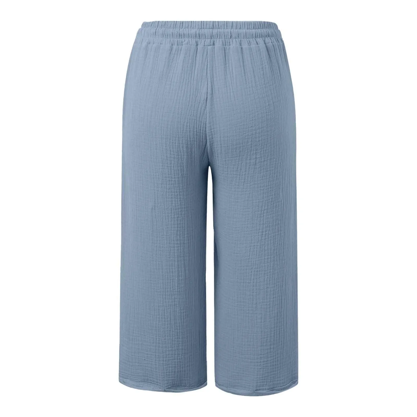 Generico Pantaloni Capri in Lino e Cotone Donna Vita Alta Larghi Tinta Unita con Tasche - immagine 5