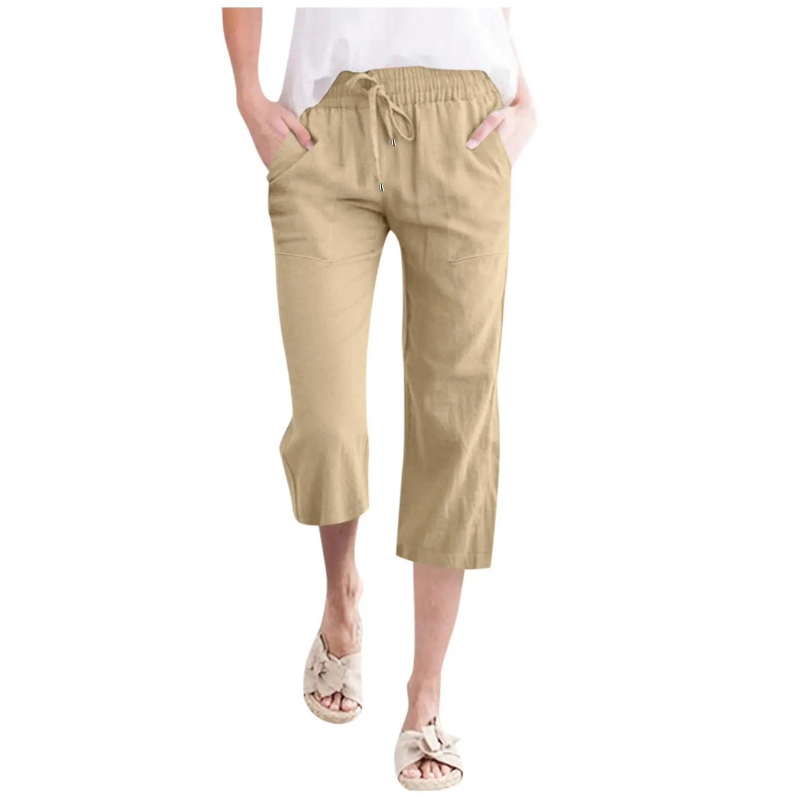 Generico Pantaloni Capri in Lino e Cotone Donna Vita Alta Larghi con Tasche Tinta Unita - immagine 1