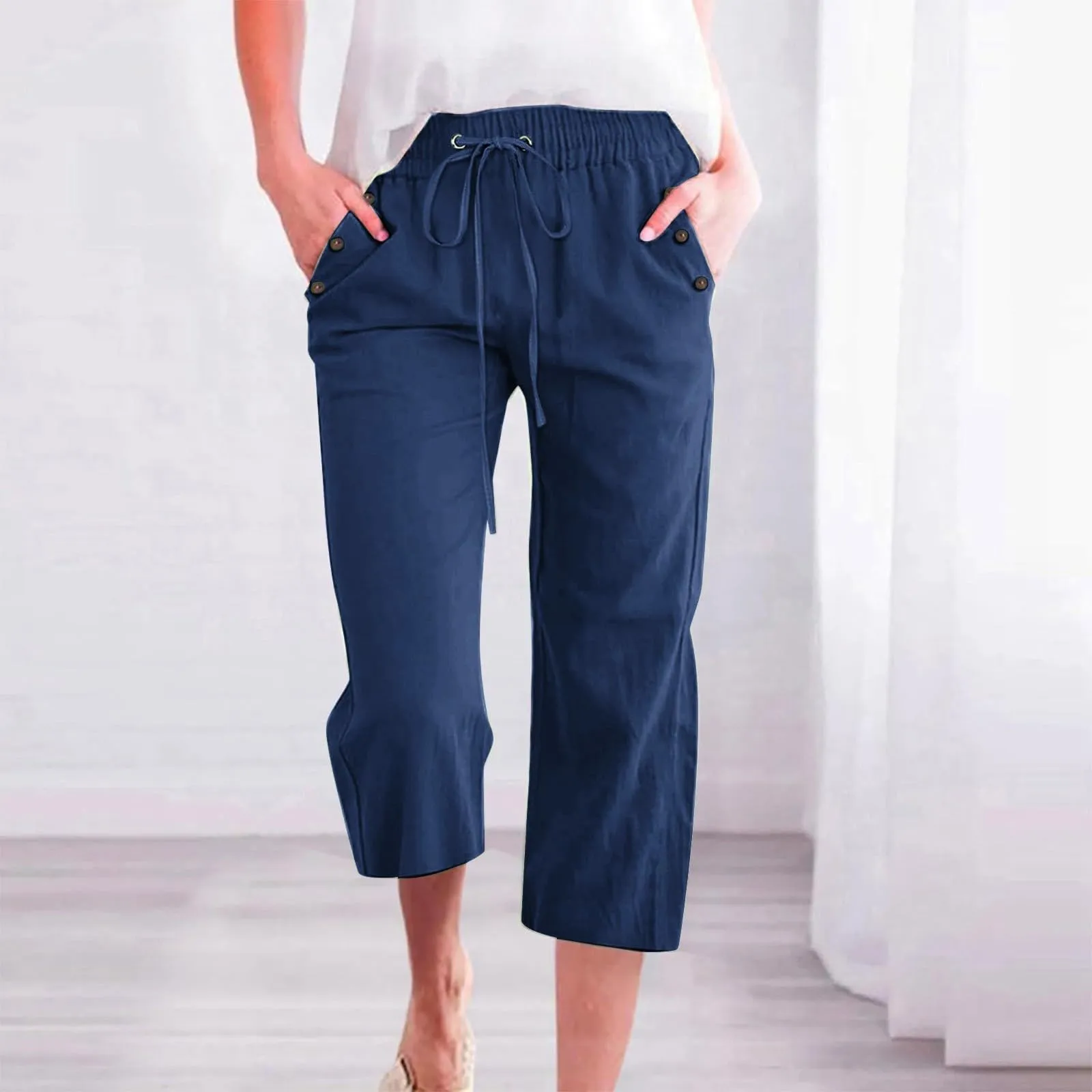 Generico Pantaloni Capri in Lino e Cotone Donna, Vita Alta, Gamba Larga, Tinta Unita con Tasche - immagine 2