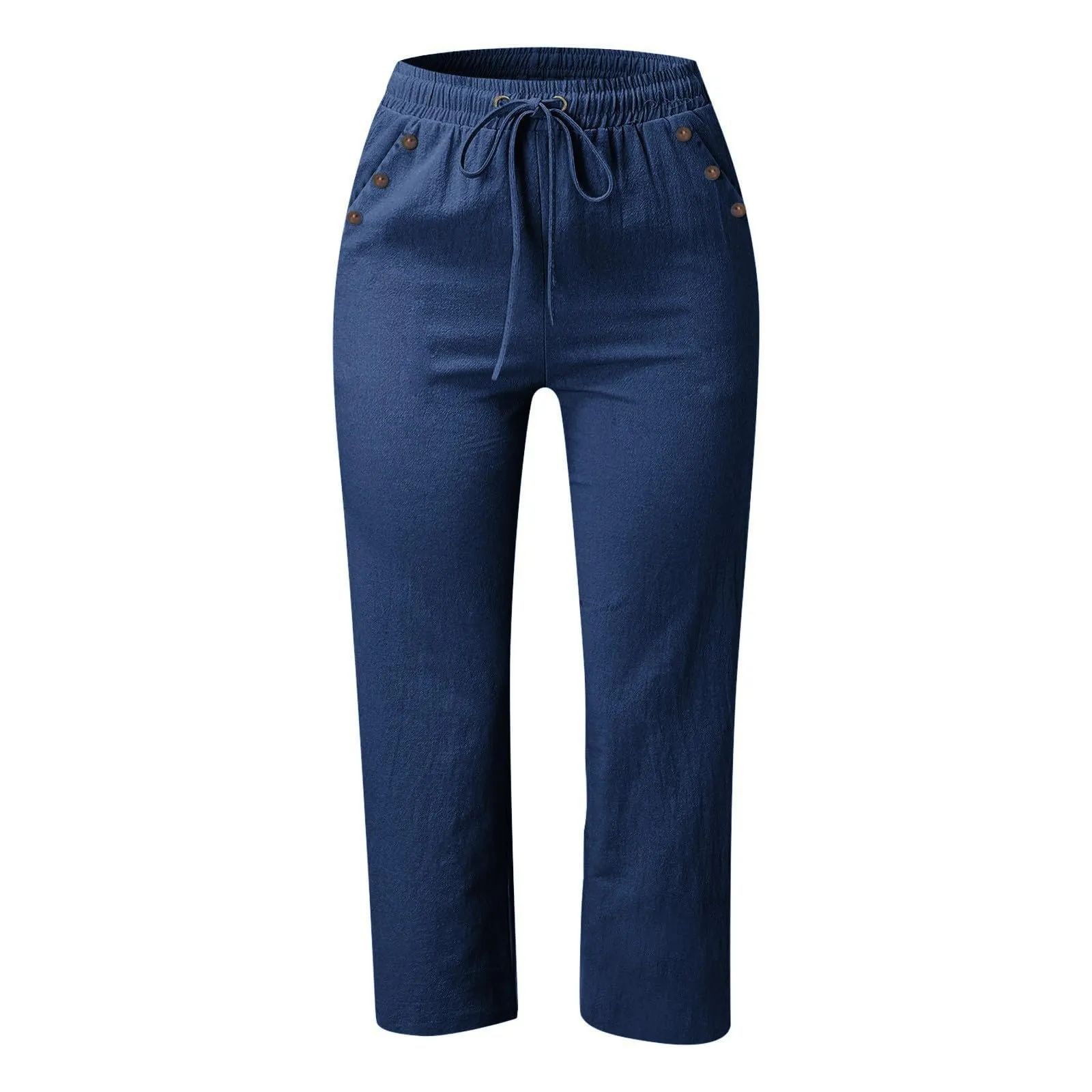 Generico Pantaloni Capri in Lino e Cotone Donna, Vita Alta, Gamba Larga, Tinta Unita con Tasche - immagine 4