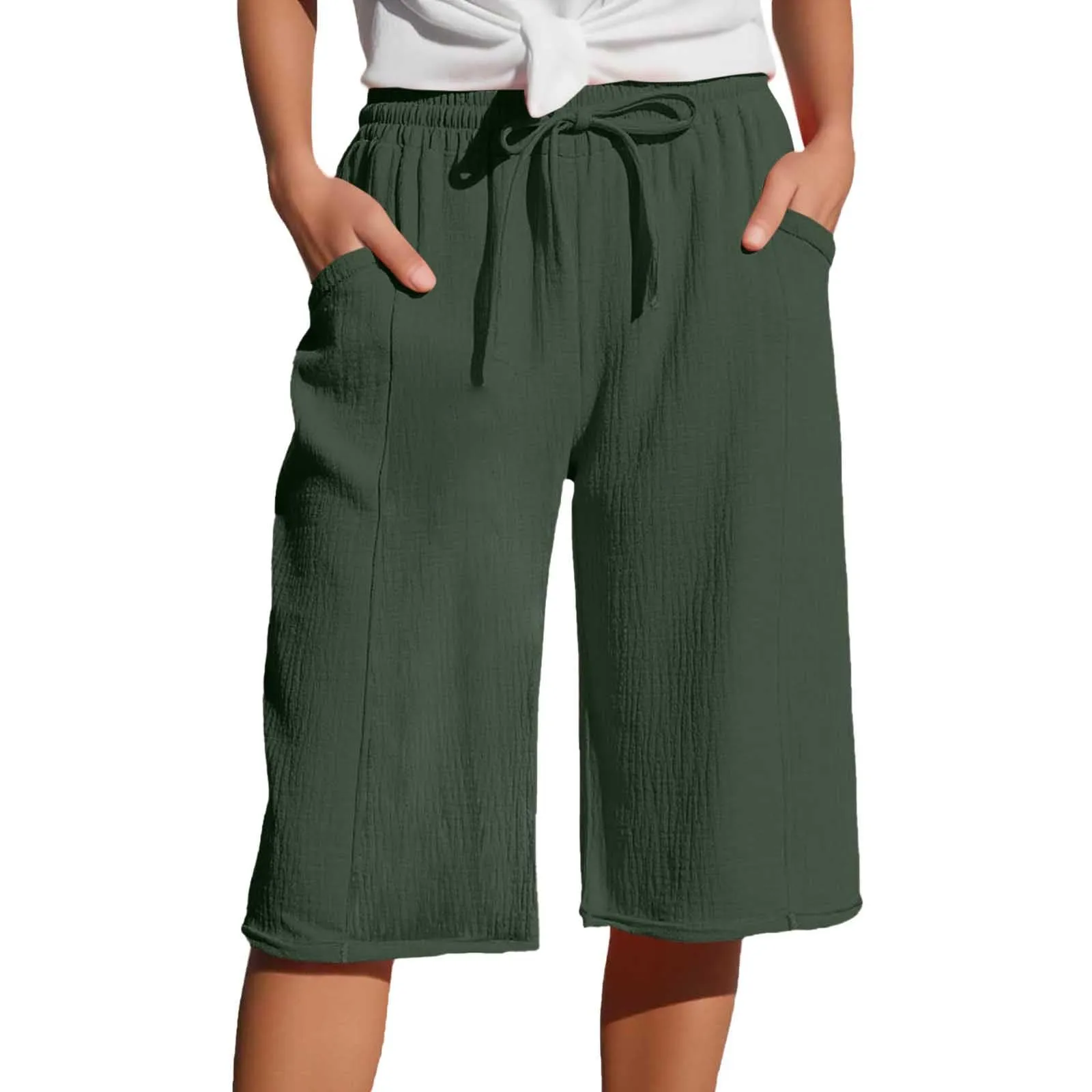 Generico Pantaloni Capri in Lino e Cotone Donna, Vita Alta Larghi con Coulisse e Tasche, Tinta Unita - immagine 1