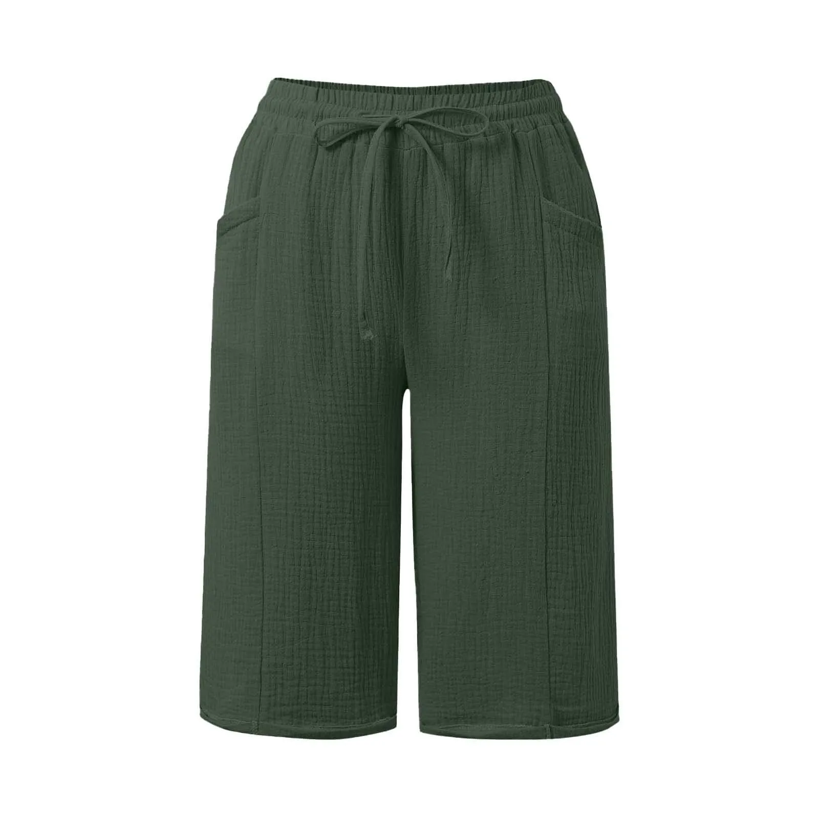 Generico Pantaloni Capri in Lino e Cotone Donna, Vita Alta Larghi con Coulisse e Tasche, Tinta Unita - immagine 6