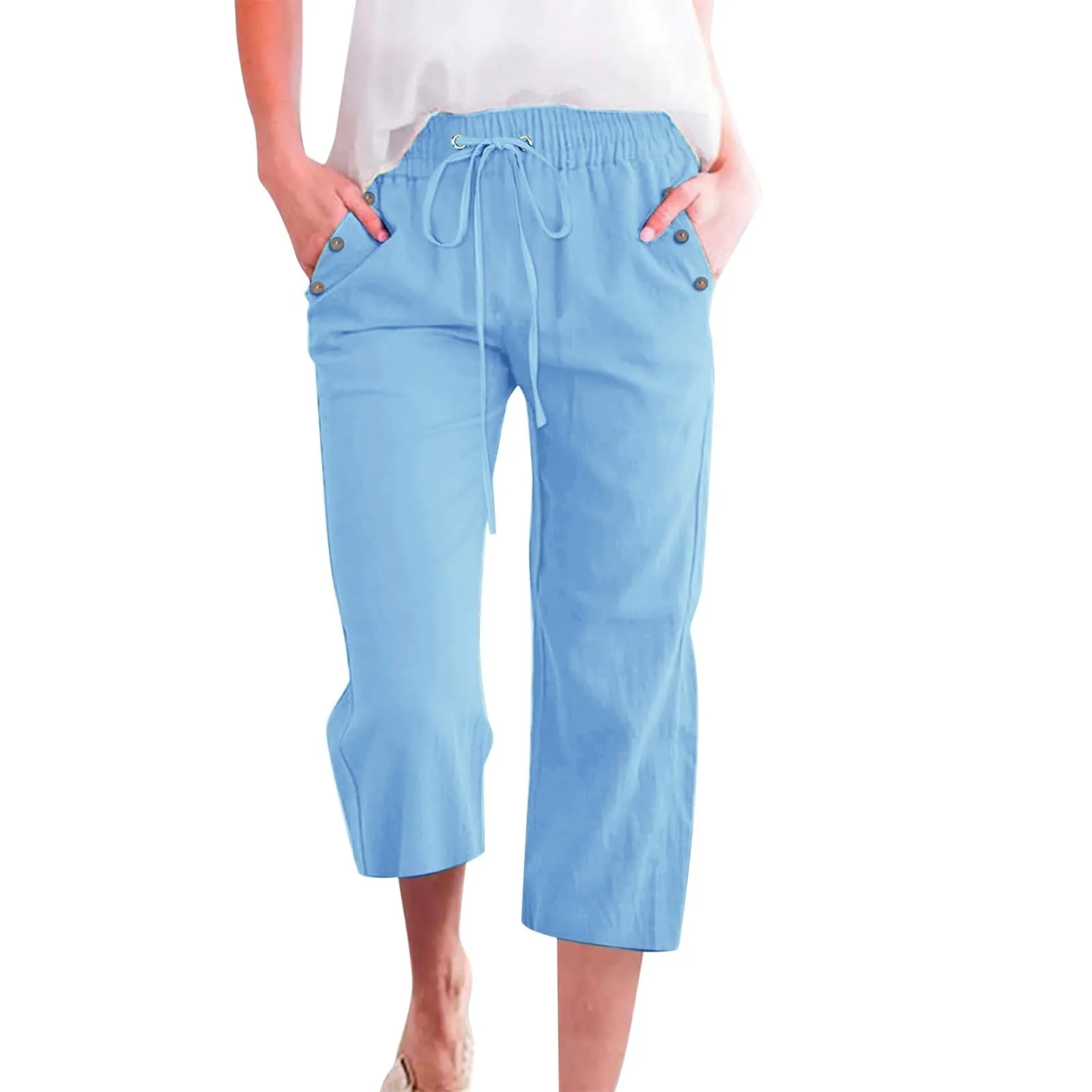 Generico Pantaloni Capri in Lino e Cotone Donna Vita Alta Gamba Larga Tinta Unita con Tasche - immagine 1