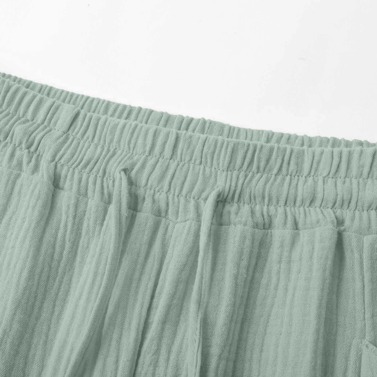 Generico Pantaloni Capri in Lino e Cotone Donna, Vita Alta, Gamba Larga, Tinta Unita con Tasche - immagine 5
