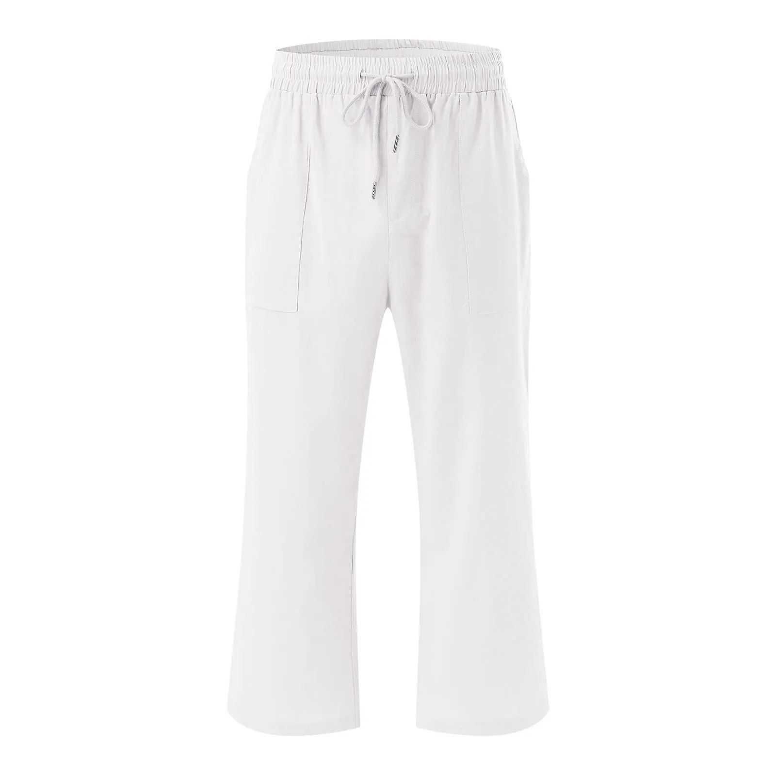 Generico Pantaloni Capri in Lino e Cotone Donna, Vita Alta Larghi con Coulisse e Tasche, Tinta Unita - immagine 5