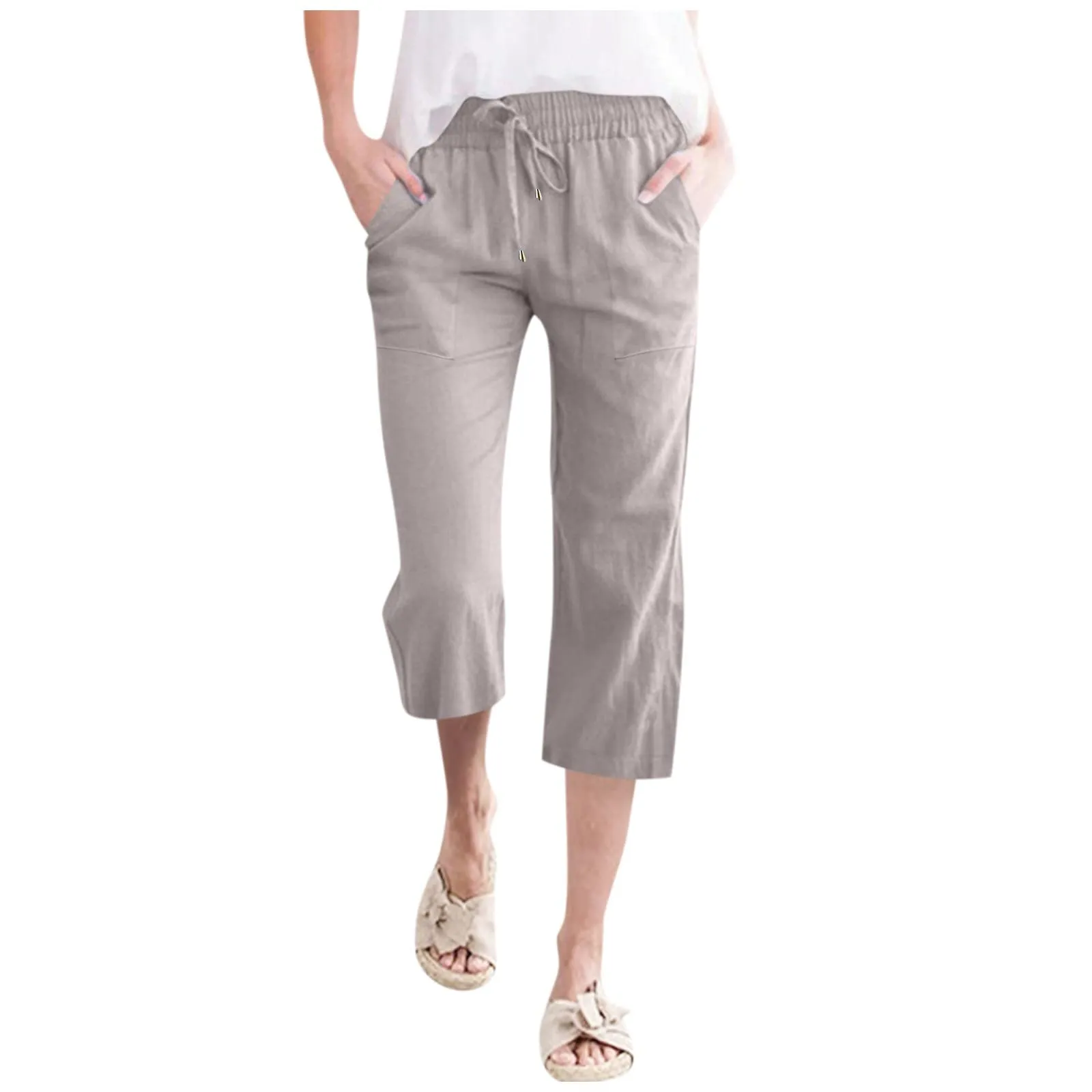 Generico Pantaloni Capri in Lino e Cotone Donna, Vita Alta, Gamba Larga, Tinta Unita con Tasche - immagine 1
