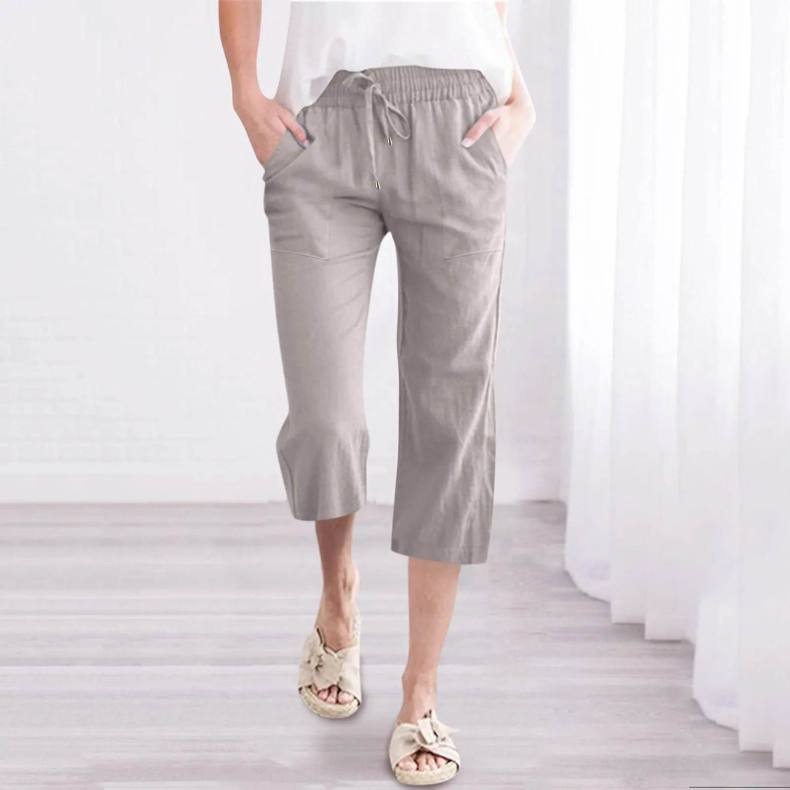 Generico Pantaloni Capri in Lino e Cotone Donna, Vita Alta, Gamba Larga, Tinta Unita con Tasche - immagine 2