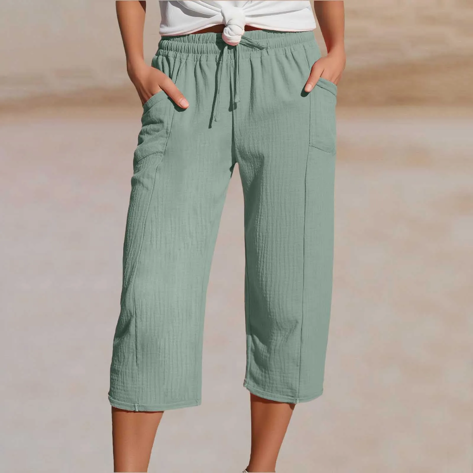 Generico Pantaloni Capri in Lino e Cotone Donna, Vita Alta, Gamba Larga, Tinta Unita con Tasche - immagine 2