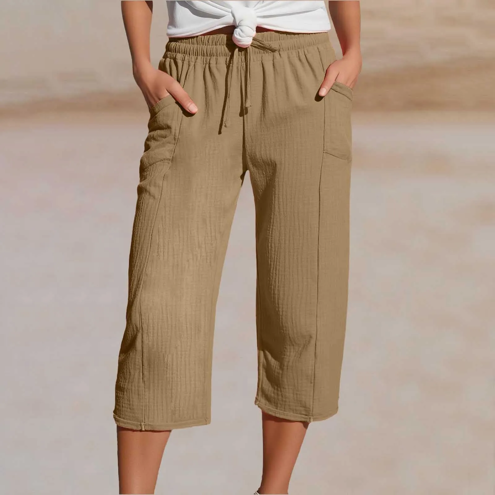 Generico Pantaloni Capri in Lino e Cotone Donna Vita Alta Larghi con Tasche Tinta Unita - immagine 2