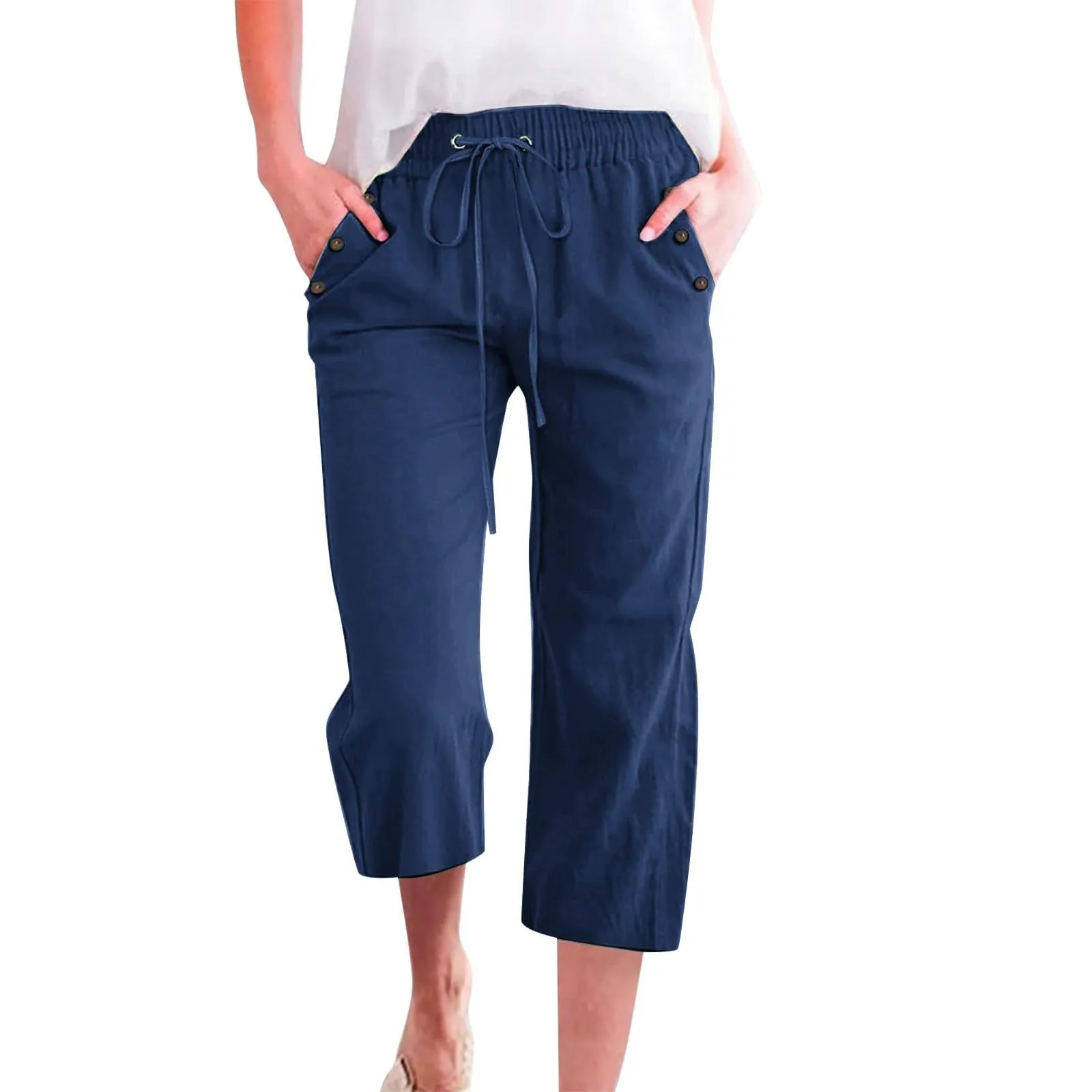 Generico Pantaloni Capri in Lino e Cotone Donna, Vita Alta, Gamba Larga con Coulisse e Tasche, Tinta Unita - immagine 1