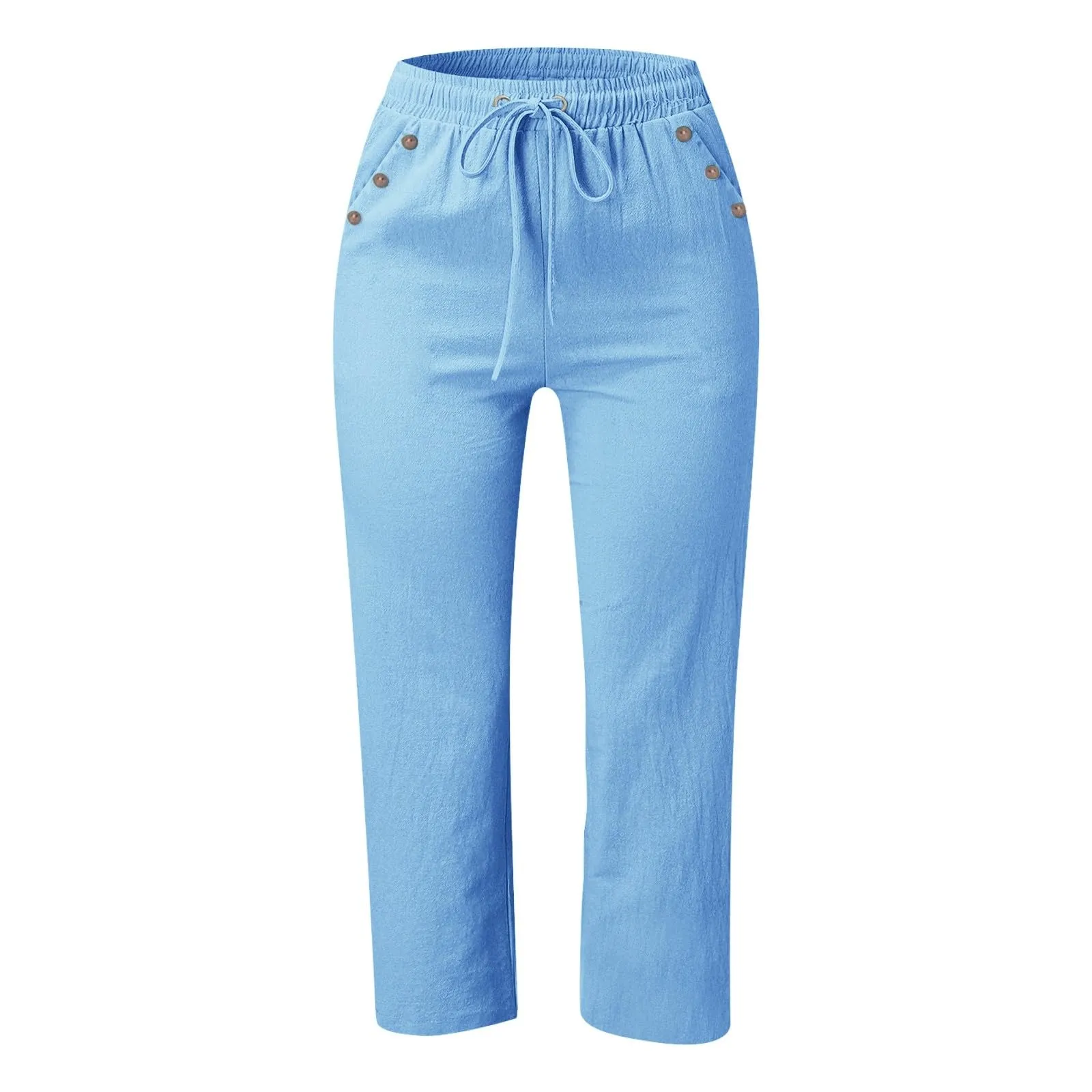 Generico Pantaloni Capri in Lino e Cotone Donna, Vita Alta, Gamba Larga, Tinta Unita con Coulisse e Tasche - immagine 4