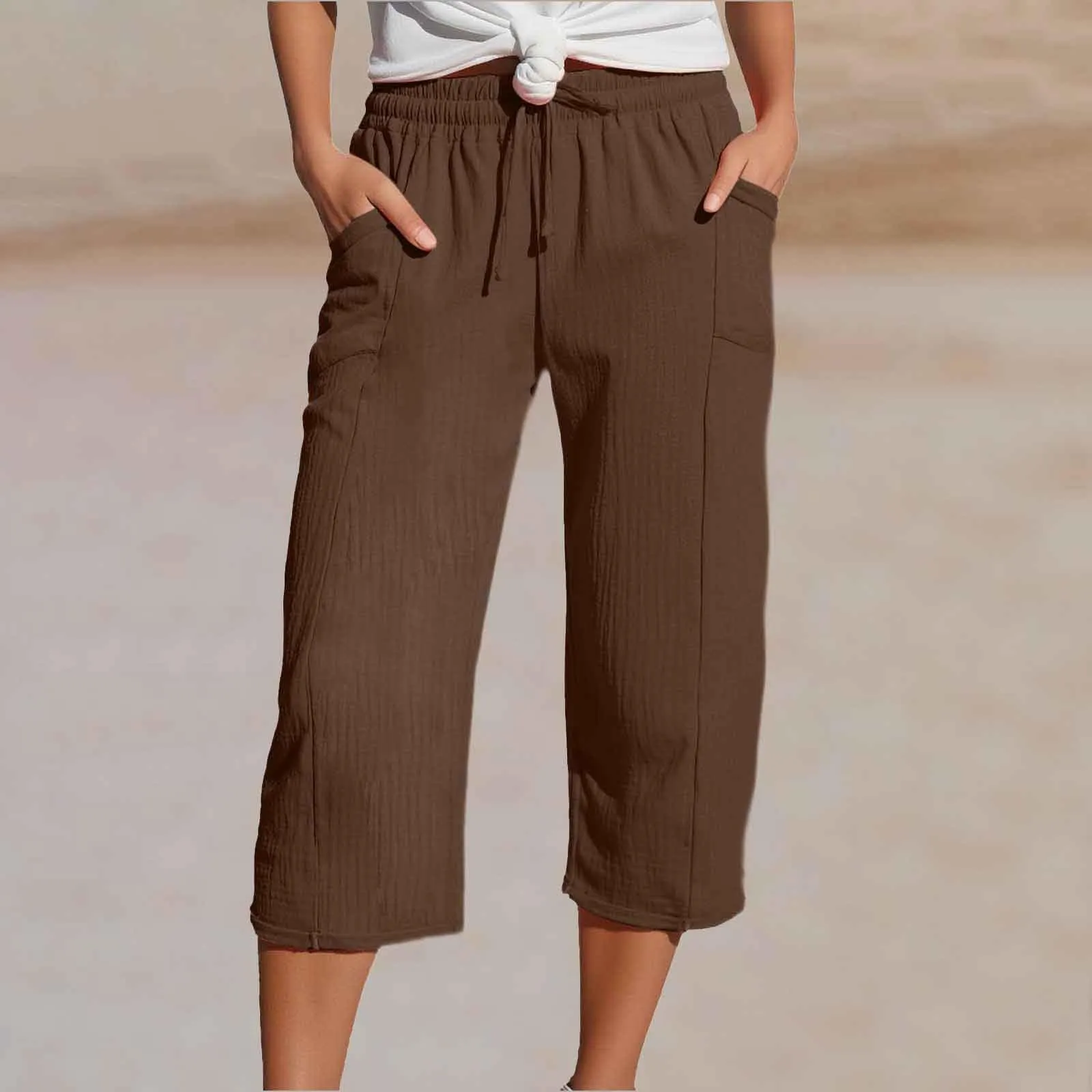 Generico Pantaloni Capri in Lino e Cotone per Donna, Vita Alta, Gamba Larga, Tinta Unita con Tasche - immagine 2