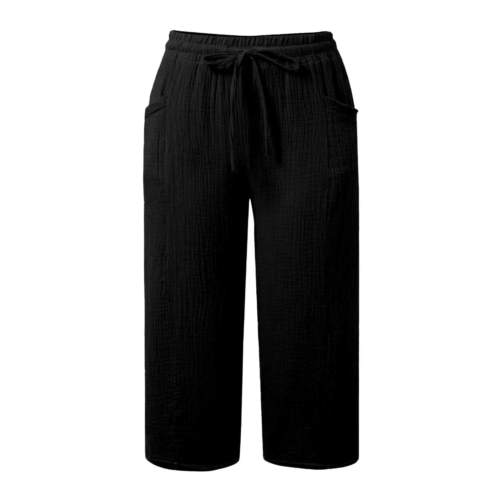 Generico Pantaloni Capri in Lino e Cotone Donna Vita Alta a Gamba Larga con Coulisse e Tasche Tinta Unita - immagine 4
