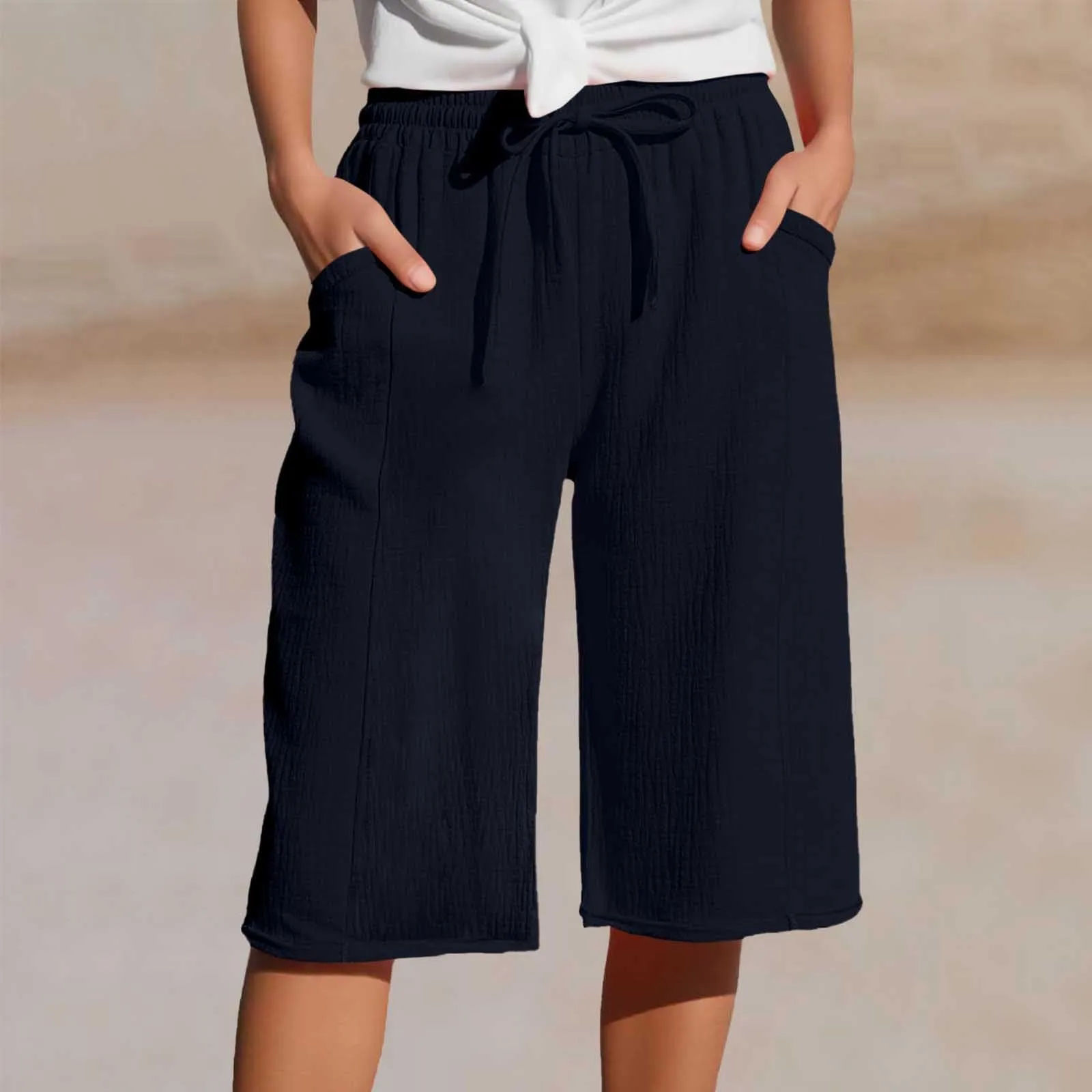 Generico Pantaloni Capri in Lino e Cotone Donna, Vita Alta, Gamba Larga, Tinta Unita - immagine 2