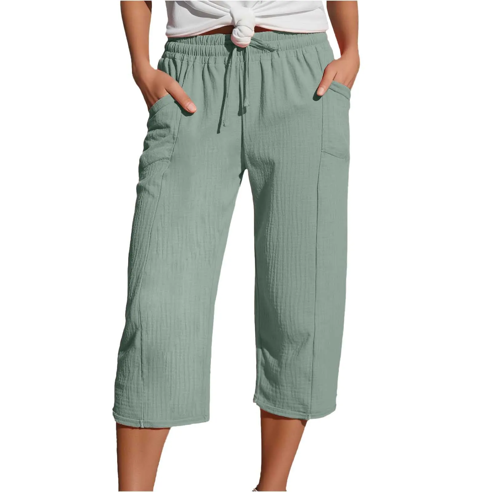 Generico Pantaloni Capri in Lino e Cotone Donna, Vita Alta, Gamba Larga, Tinta Unita con Tasche - immagine 1