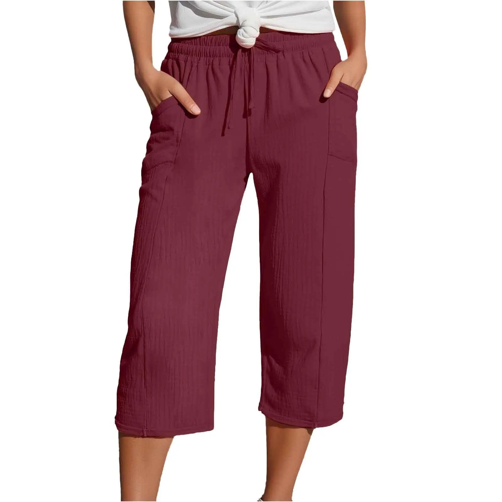 Generico Pantaloni Capri in Lino e Cotone Donna, Vita Alta Larghi con Coulisse e Tasche, Tinta Unita - immagine 1