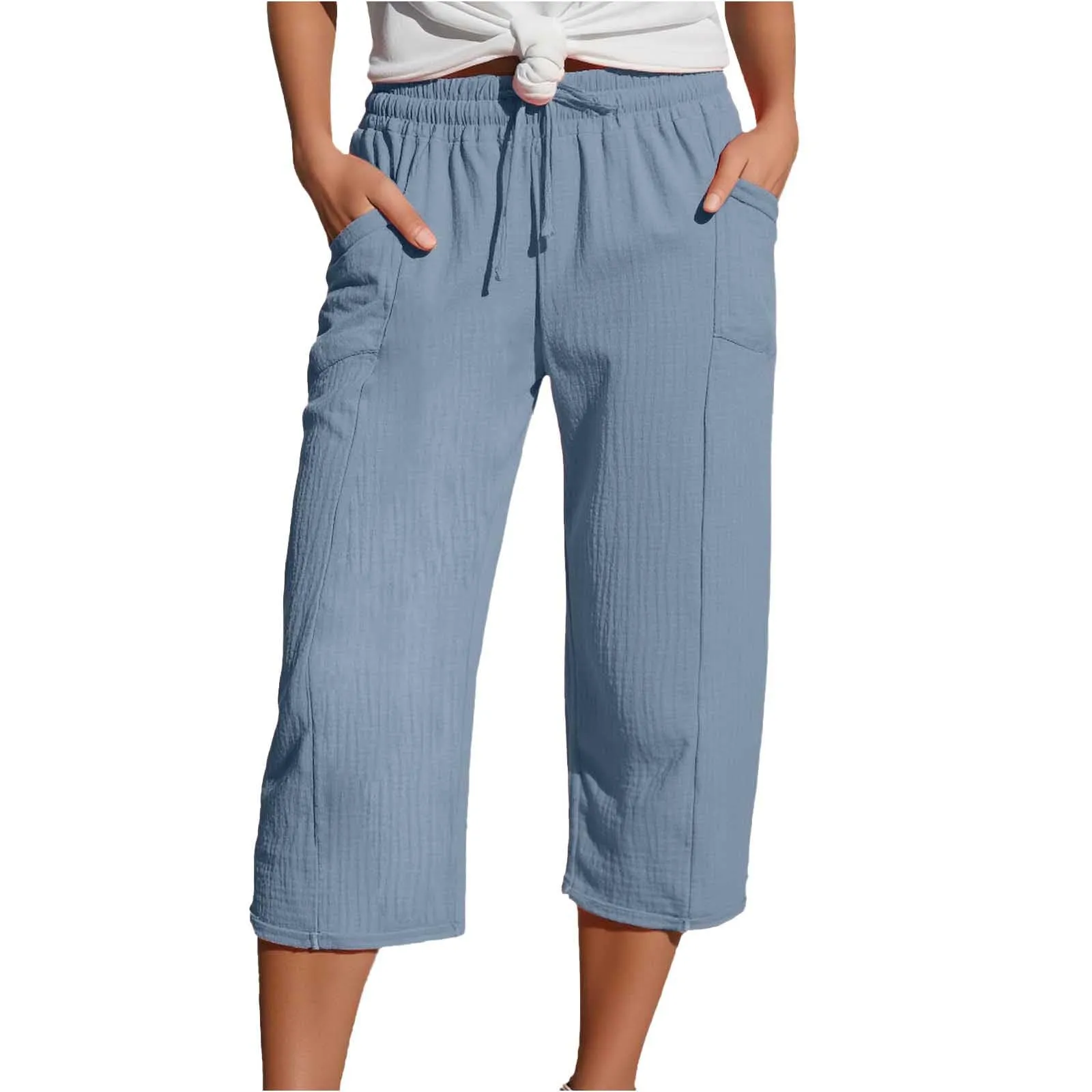 Generico Pantaloni Capri in Lino e Cotone Donna Vita Alta Larghi con Coulisse e Tasche Tinta Unita - immagine 1
