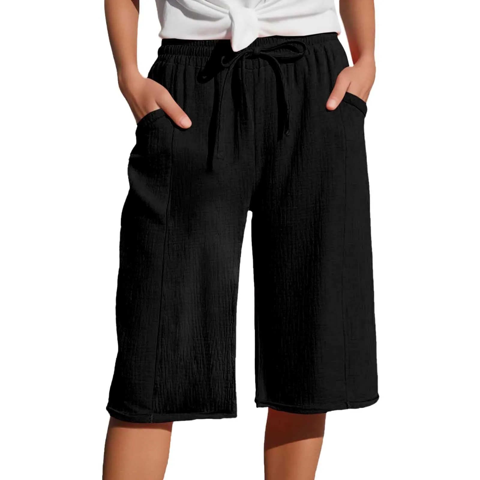 Generico Pantaloni Capri in Lino e Cotone Donna, Vita Alta, Gamba Larga, Tinta Unita con Tasche - immagine 1