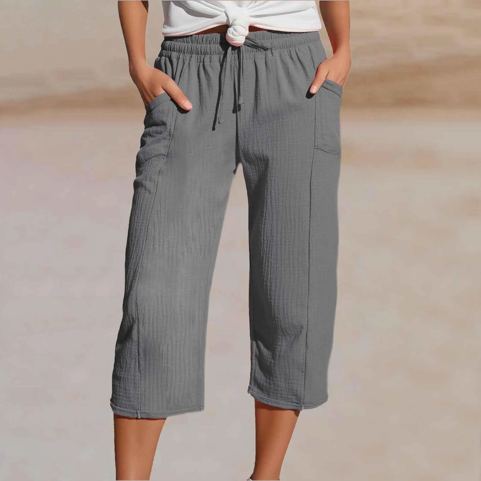Generico Pantaloni Capri in Lino e Cotone Donna, Vita Alta, Gamba Larga, Tinta Unita con Tasche - immagine 2