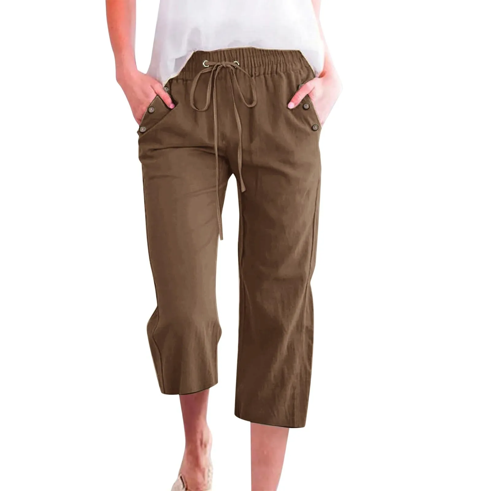 Generico Pantaloni Capri in Lino e Cotone Donna Vita Alta Gamba Larga Tinta Unita con Tasche - immagine 1