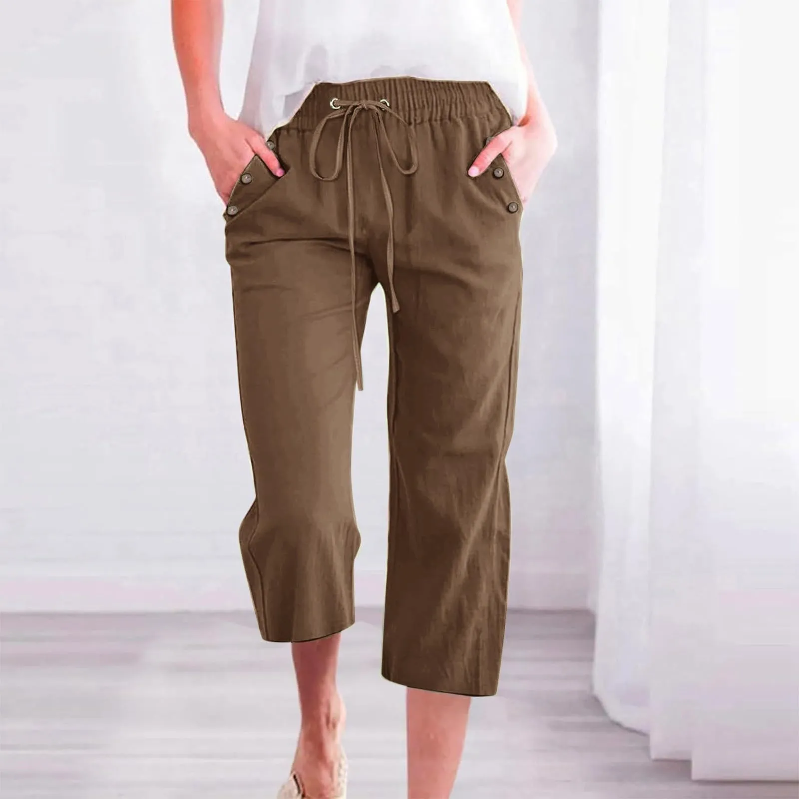 Generico Pantaloni Capri in Lino e Cotone Donna Vita Alta Gamba Larga Tinta Unita con Tasche - immagine 2