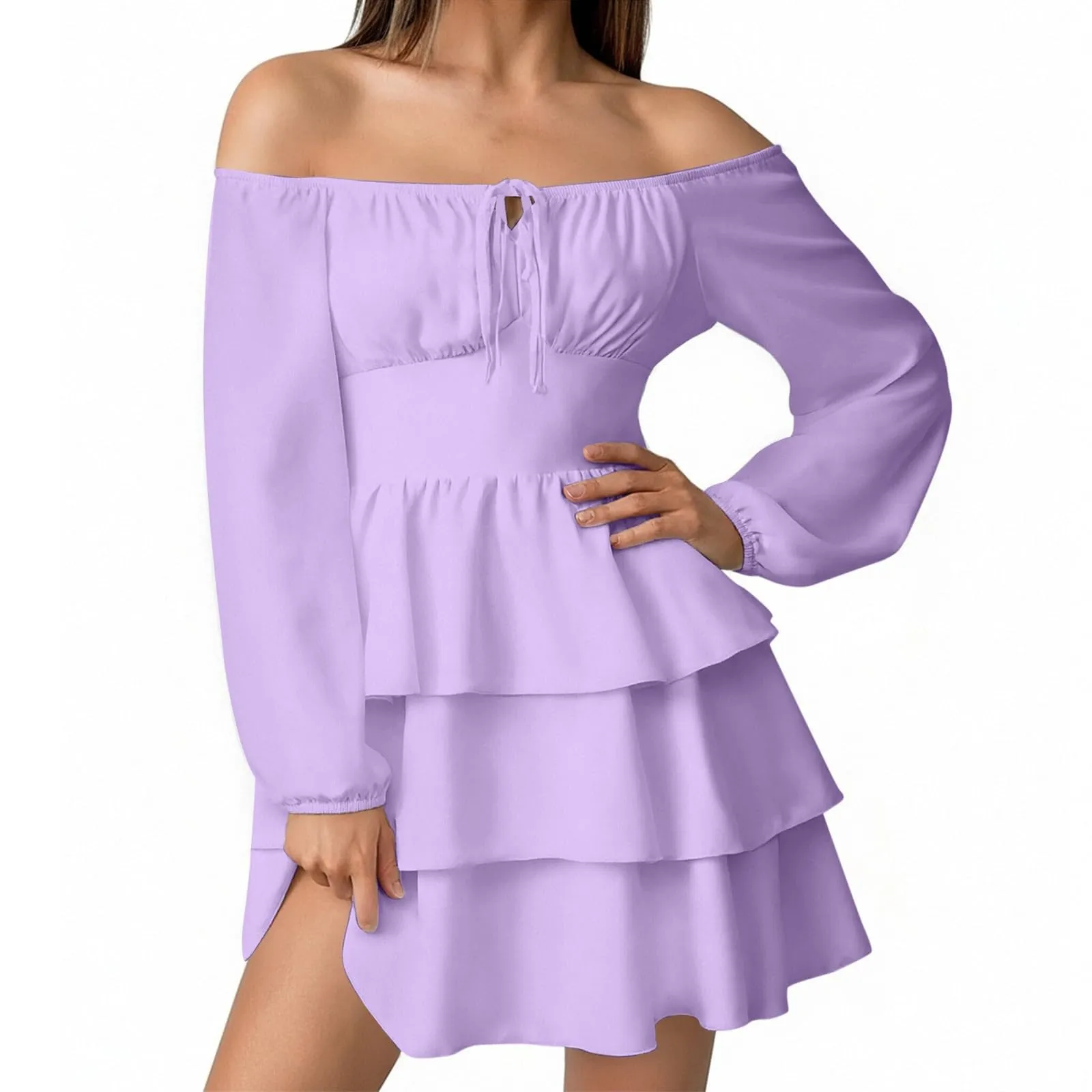 TOFOTL Abito Corto Donna Monospalla a Linea Svasata con Volant, Viola, XL - immagine 1