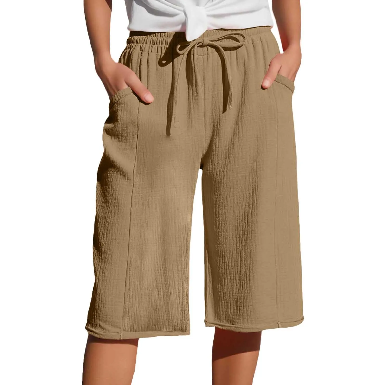 Generico Pantaloni Capri in Lino e Cotone Donna Vita Alta a Gamba Larga con Coulisse e Tasche - immagine 1