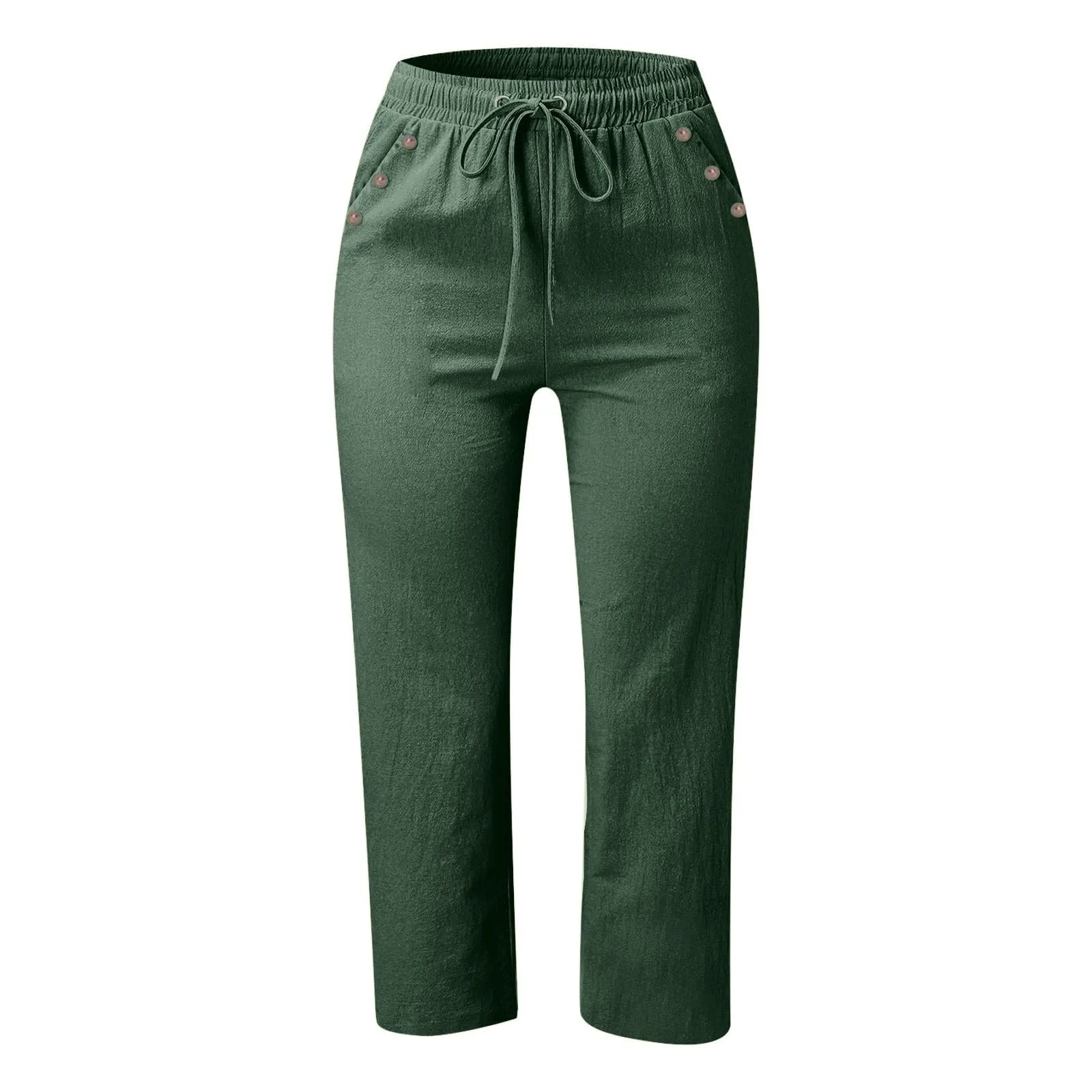 Generico Pantaloni Capri in Lino e Cotone Donna, Vita Alta, Gamba Larga, Tinta Unita con Tasche - immagine 4