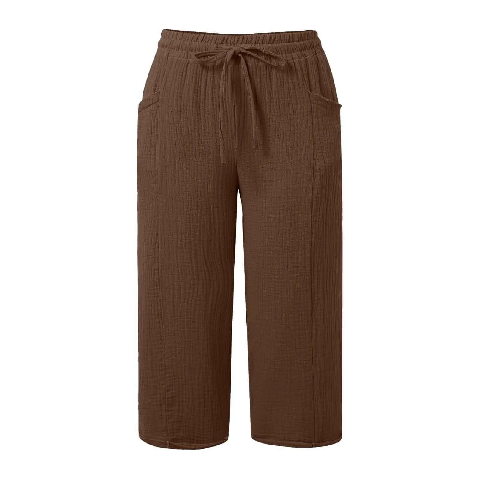 Generico Pantaloni Capri in Lino e Cotone per Donna, Vita Alta, Gamba Larga, Tinta Unita con Tasche - immagine 5