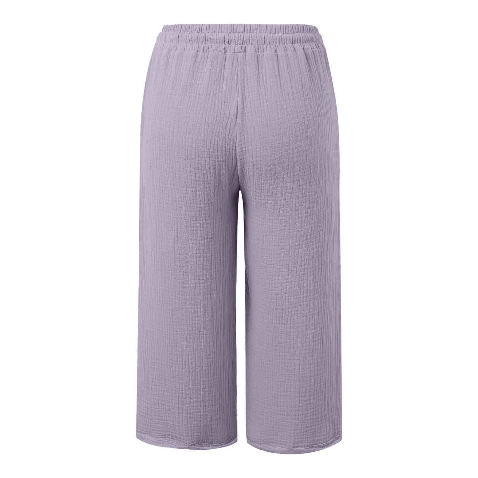 Generico Pantaloni Capri Donna in Lino e Cotone, Vita Alta, Gamba Larga, Tinta Unita con Tasche - immagine 5