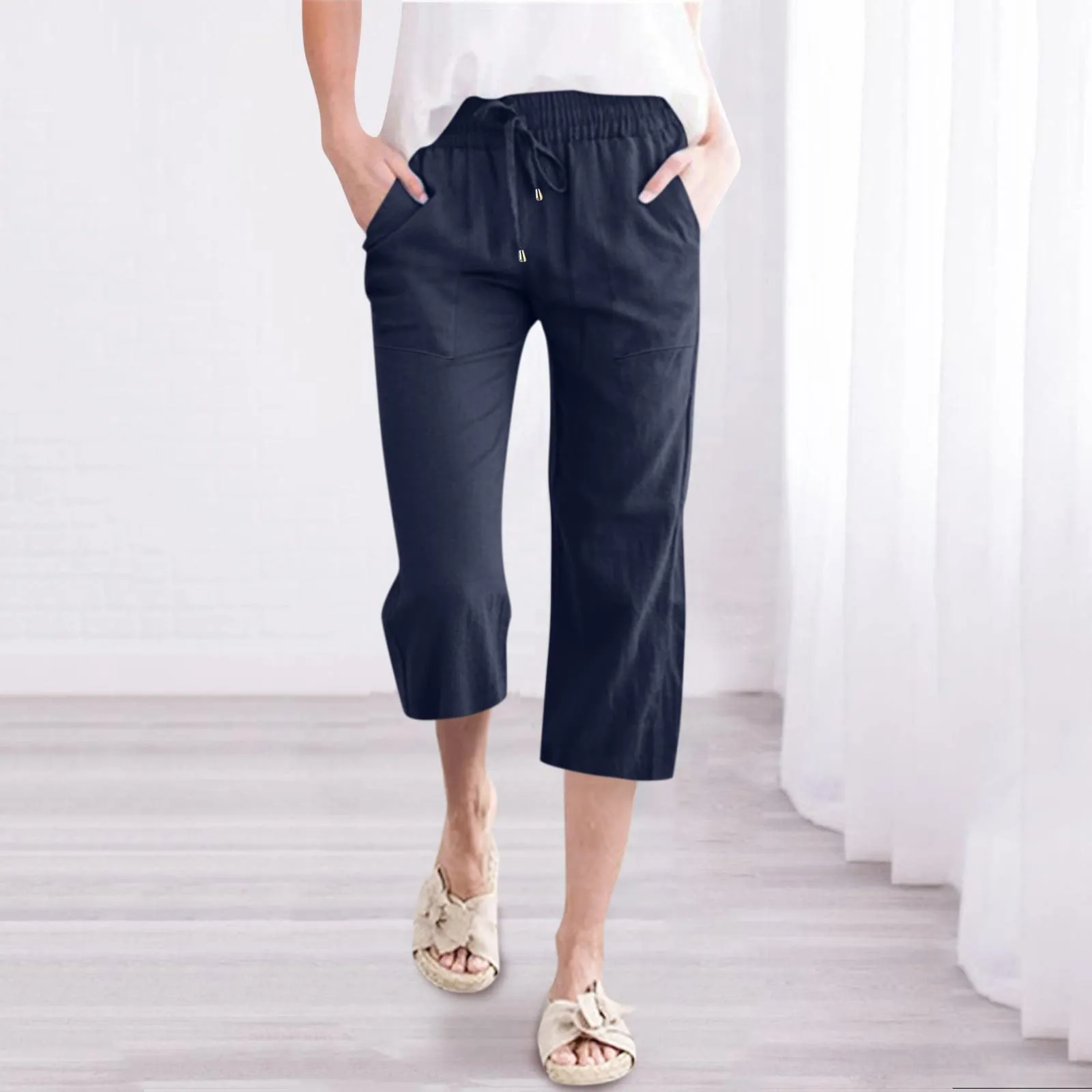Generico Pantaloni Capri in Lino e Cotone Donna, Vita Alta, Gamba Larga, Tinta Unita - immagine 2