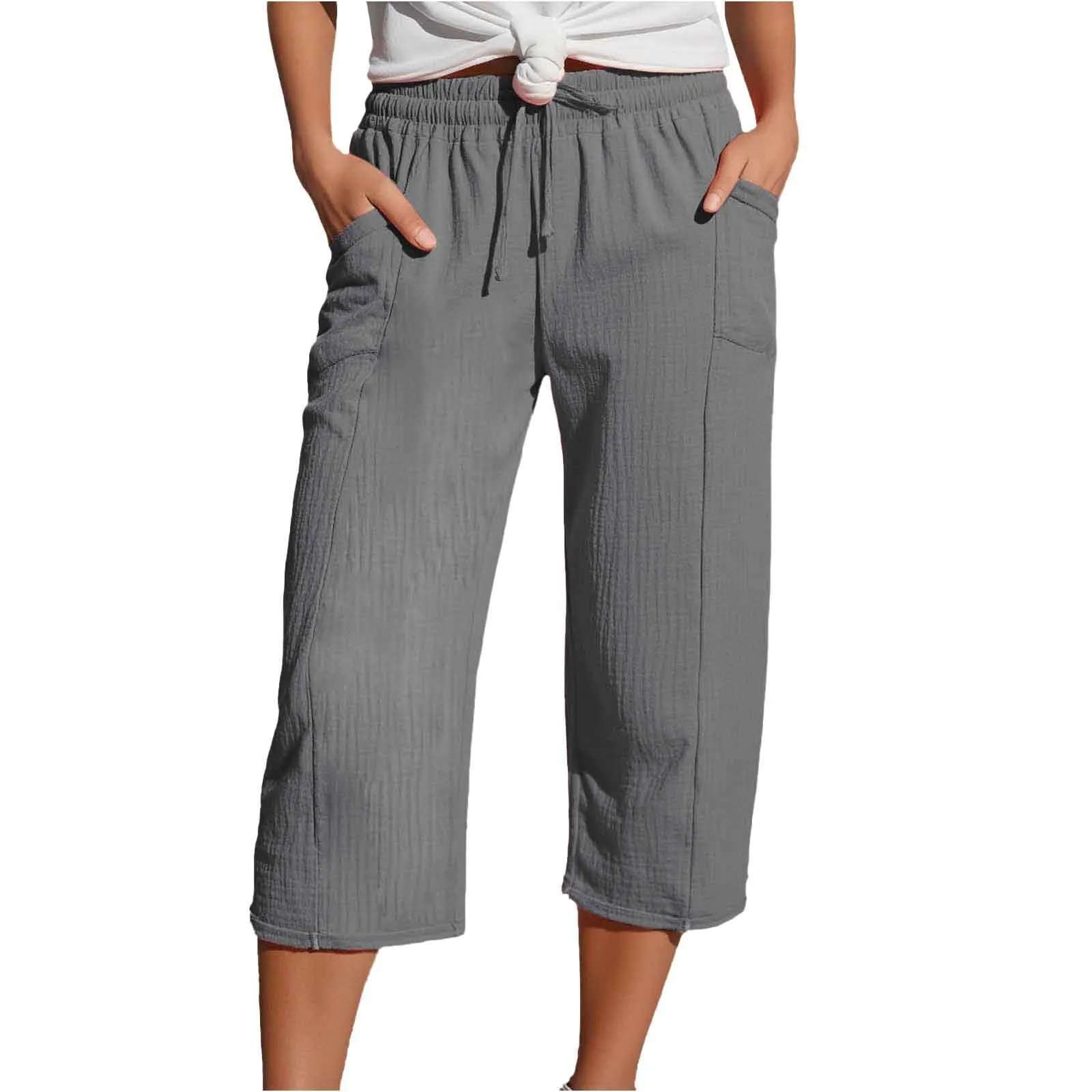 Generico Pantaloni Capri in Lino e Cotone Donna, Vita Alta, Gamba Larga, Tinta Unita - immagine 1