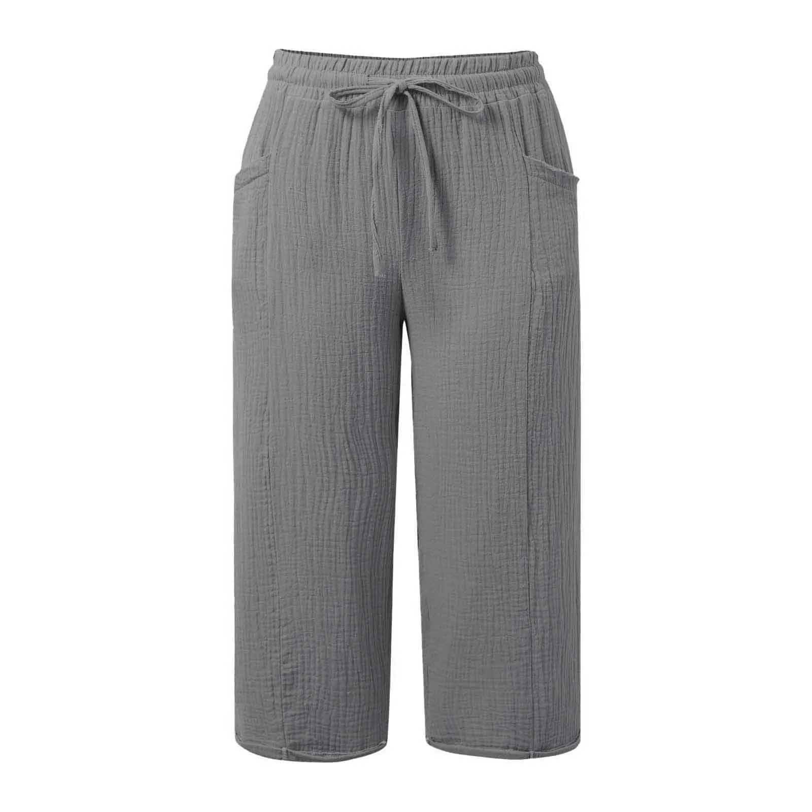 Generico Pantaloni Capri in Lino e Cotone Donna, Vita Alta, Gamba Larga, Tinta Unita - immagine 4