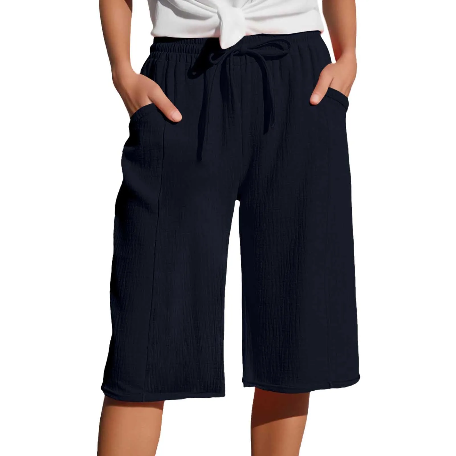 Generico Pantaloni Capri in Lino e Cotone per Donna, Vita Alta, Gamba Larga, Tinta Unita con Coulisse e Tasche - immagine 1
