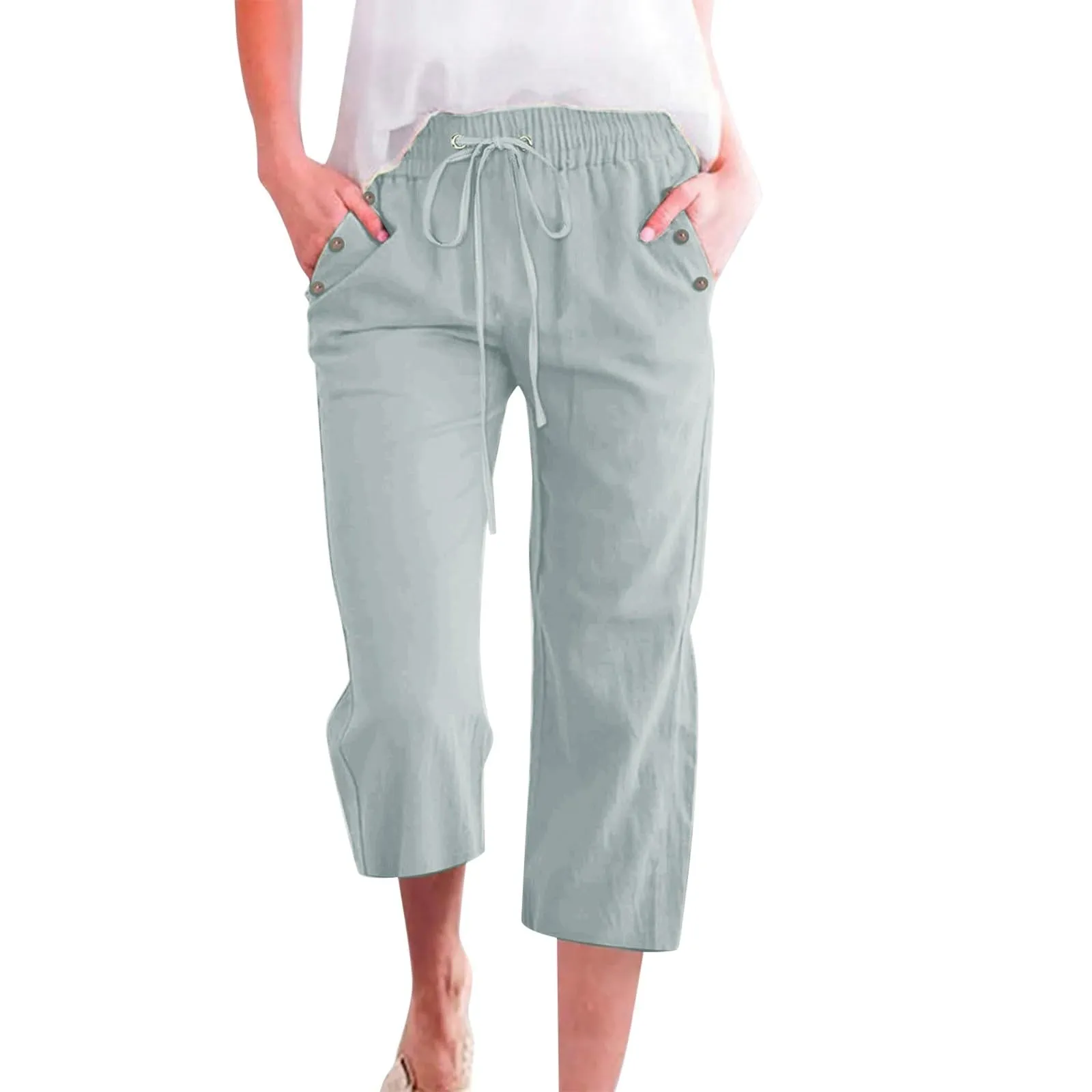 Generico Pantaloni Capri in Lino e Cotone per Donna, Vita Alta, Gamba Larga, Tinta Unita con Tasche - immagine 1