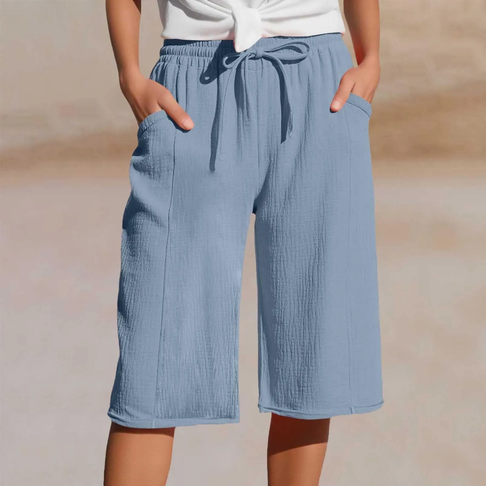 Generico Pantaloni Capri in Lino e Cotone Donna Vita Alta Larghi con Tasche Tinta Unita - immagine 2