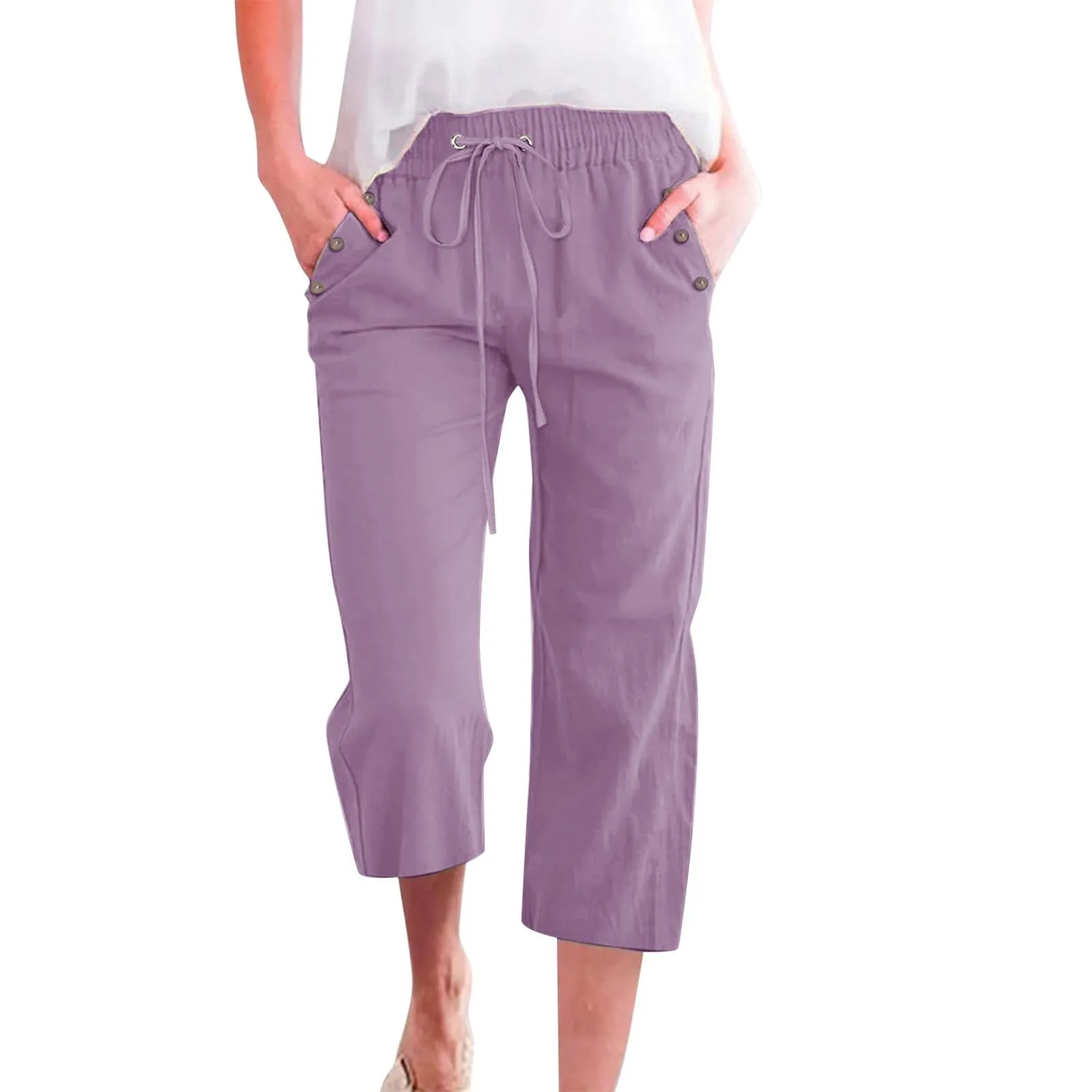 Generico Pantaloni Capri in Lino e Cotone Donna, Vita Alta, Gamba Larga, Tinta Unita con Tasche - immagine 1