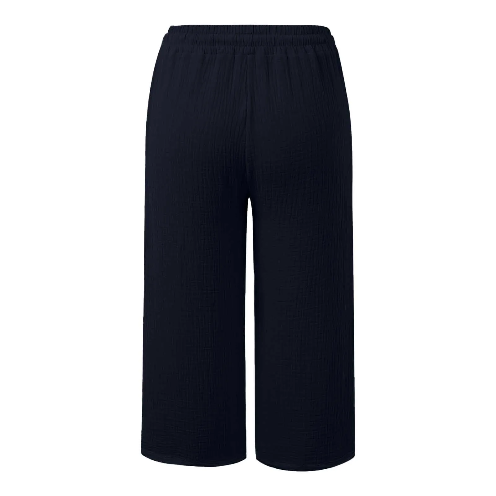 Generico Pantaloni Capri in Lino e Cotone Donna, Vita Alta, Gamba Larga, Tinta Unita con Coulisse e Tasche - immagine 4