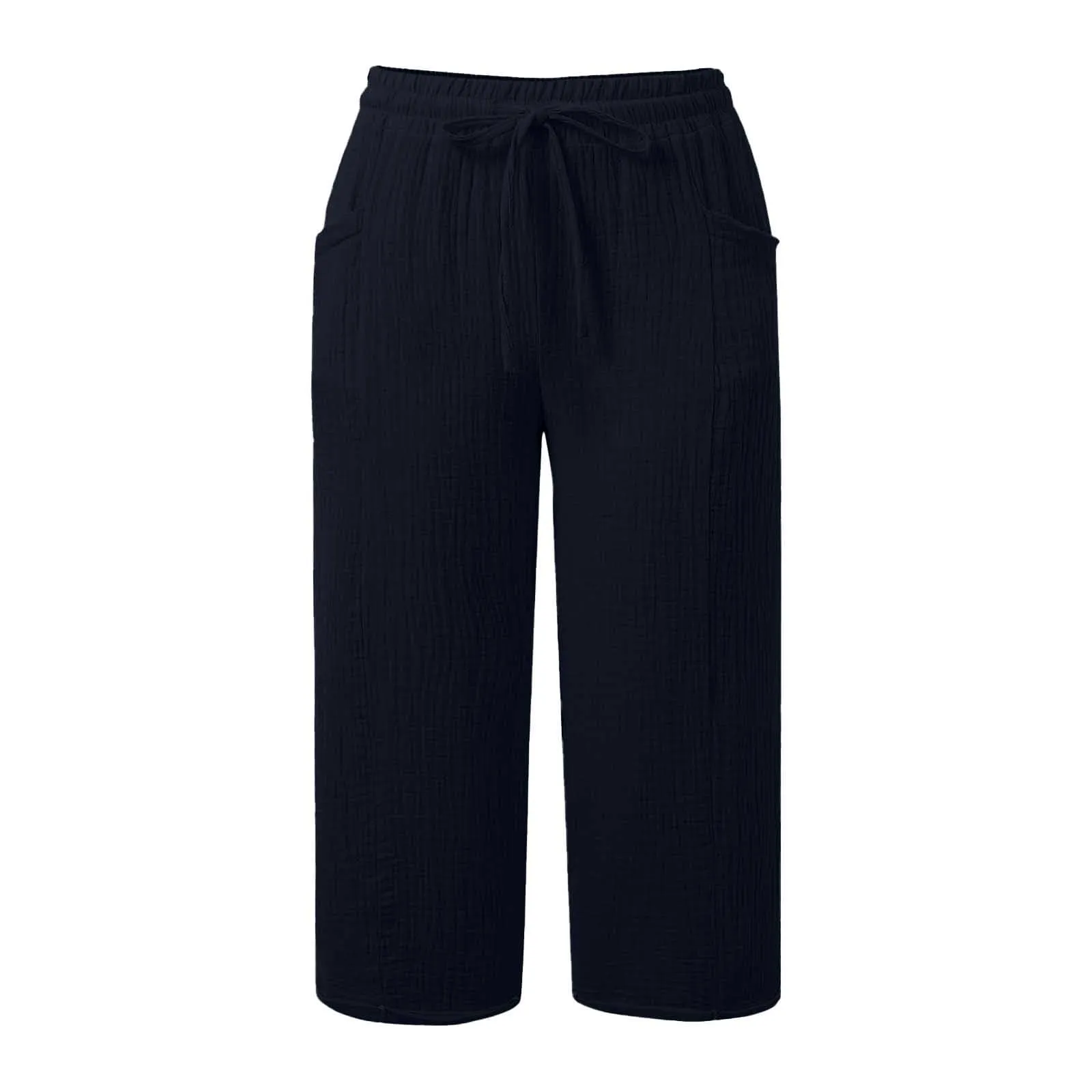 Generico Pantaloni Capri in Lino e Cotone Donna, Vita Alta, Gamba Larga, Tinta Unita con Coulisse e Tasche - immagine 7