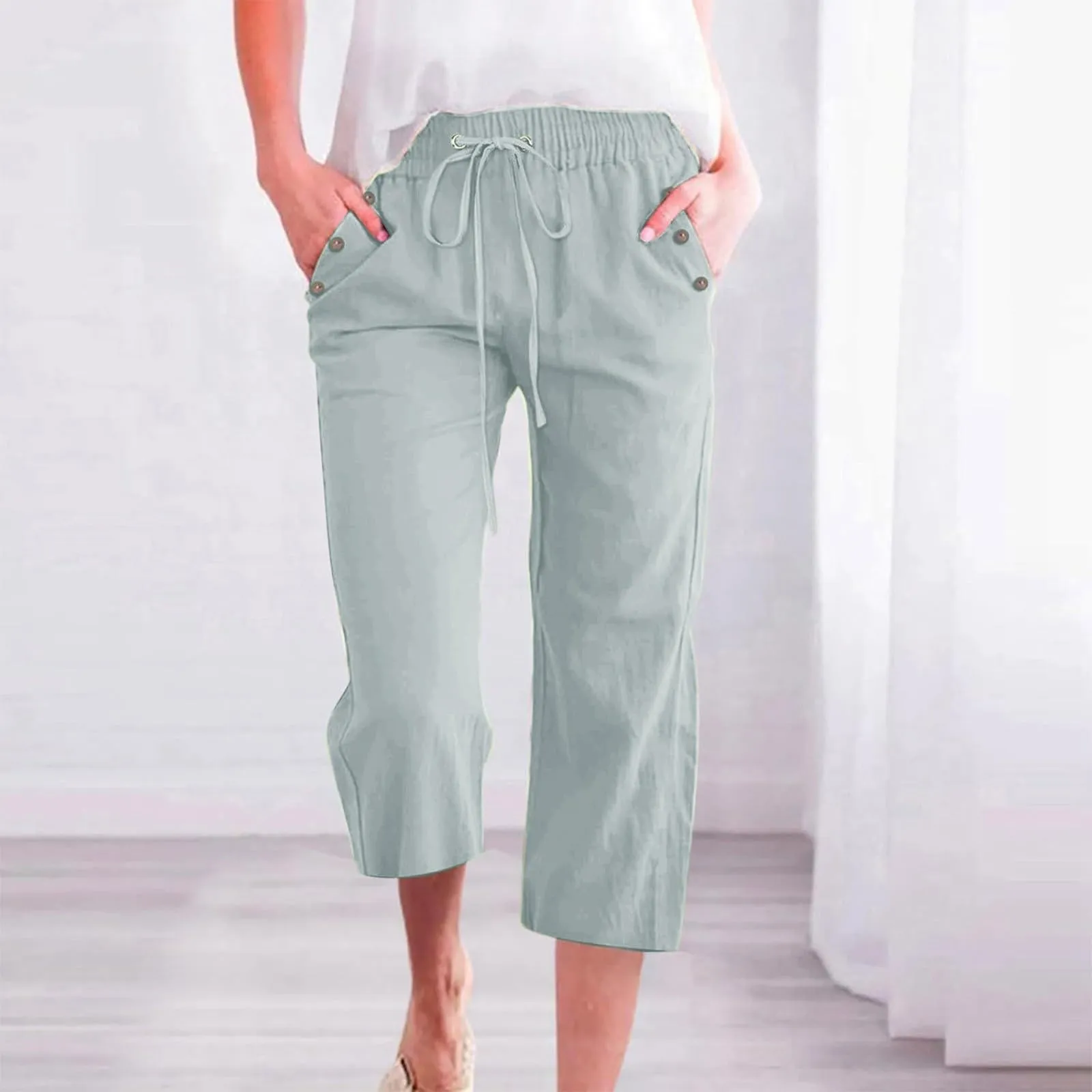Generico Pantaloni Lino Donna Capri 3/4 Vita Alta Larghi con Tasche - immagine 2