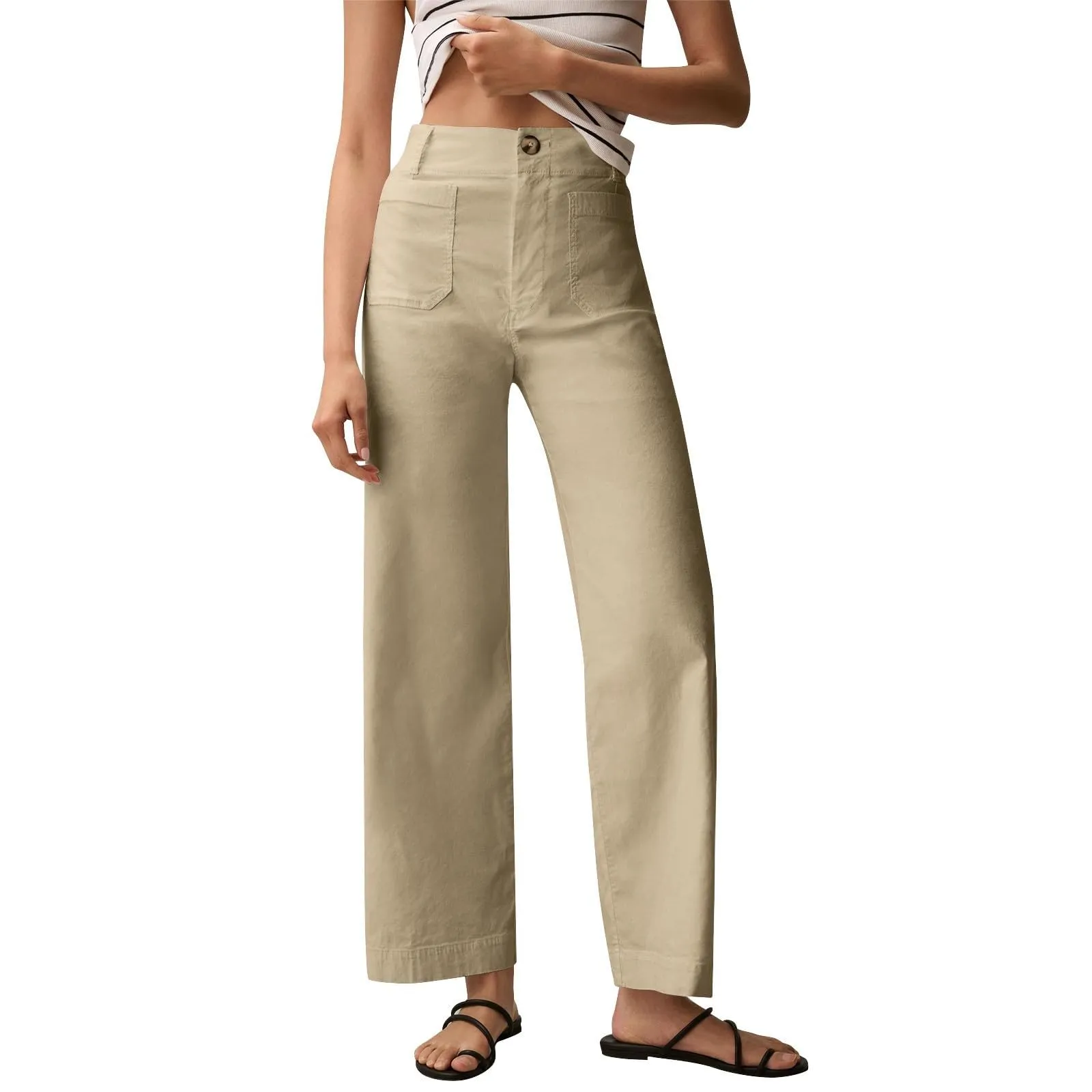 Generisch Pantaloni estivi da donna in denim a vita alta, cachi, M - immagine 1