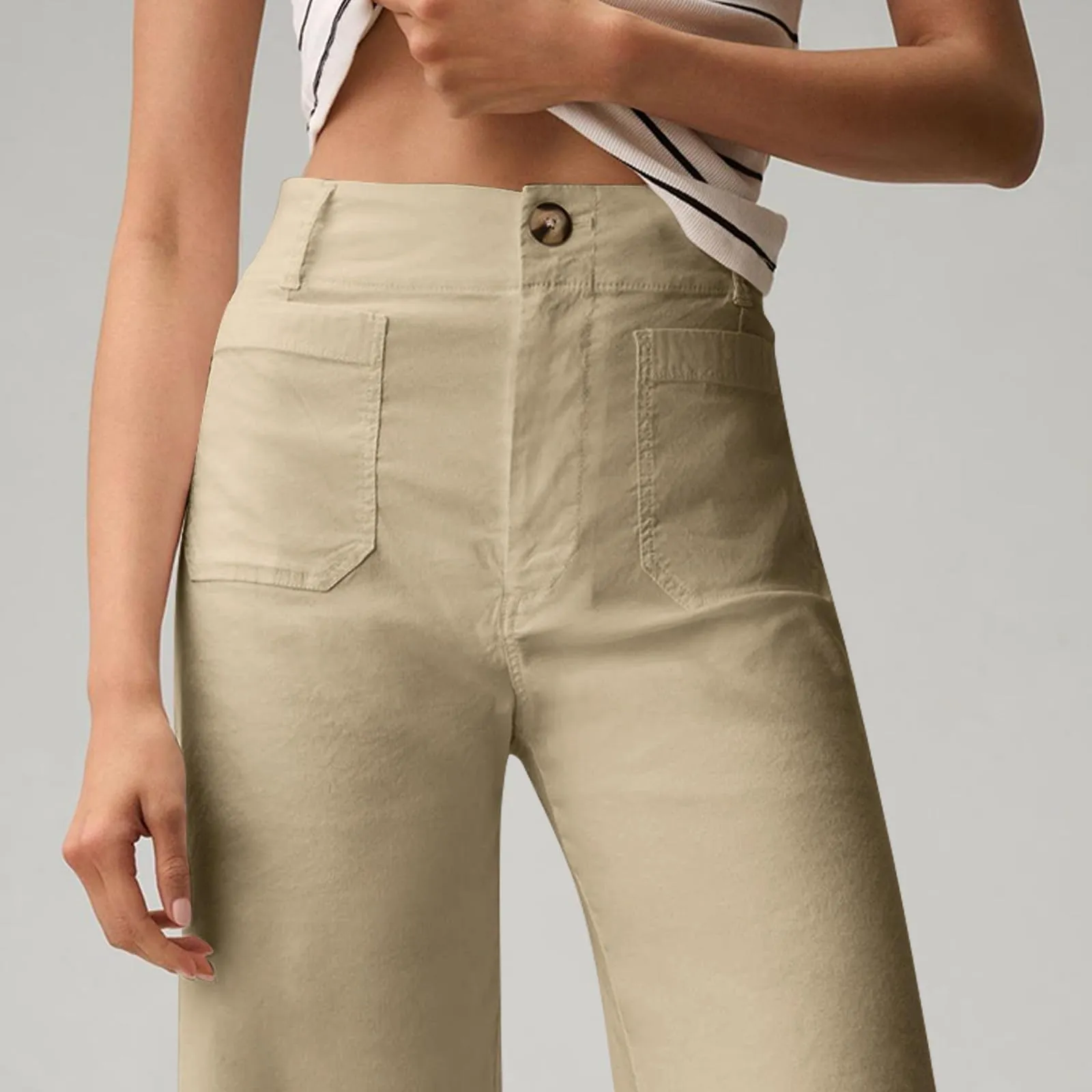 Generisch Pantaloni estivi da donna in denim a vita alta, cachi, M - immagine 2