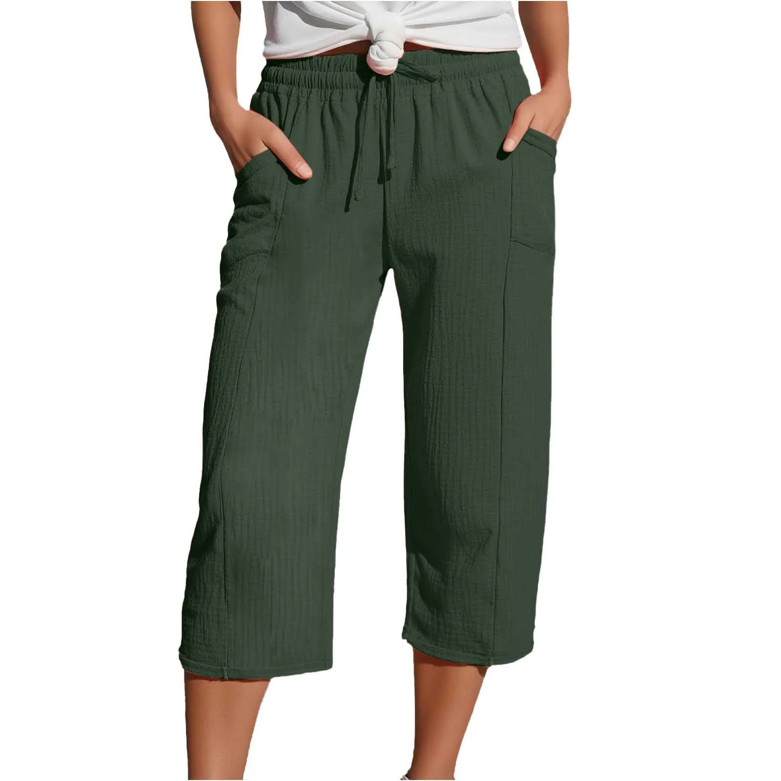 Generico Pantaloni Capri in Lino e Cotone per Donna, Vita Alta, Gamba Larga, Tinta Unita con Tasche - immagine 1