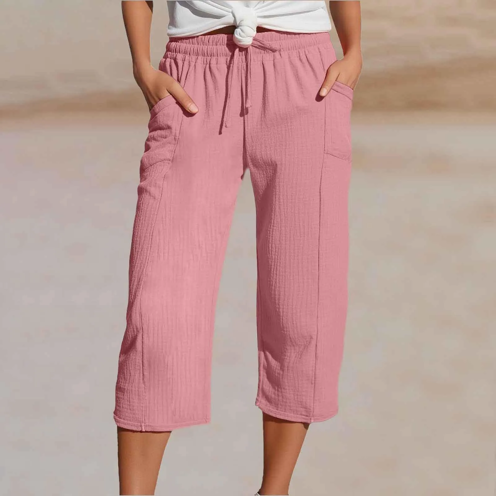 Generico Pantaloni Capri in Lino e Cotone Donna, Vita Alta Larghi con Coulisse e Tasche, Tinta Unita - immagine 2