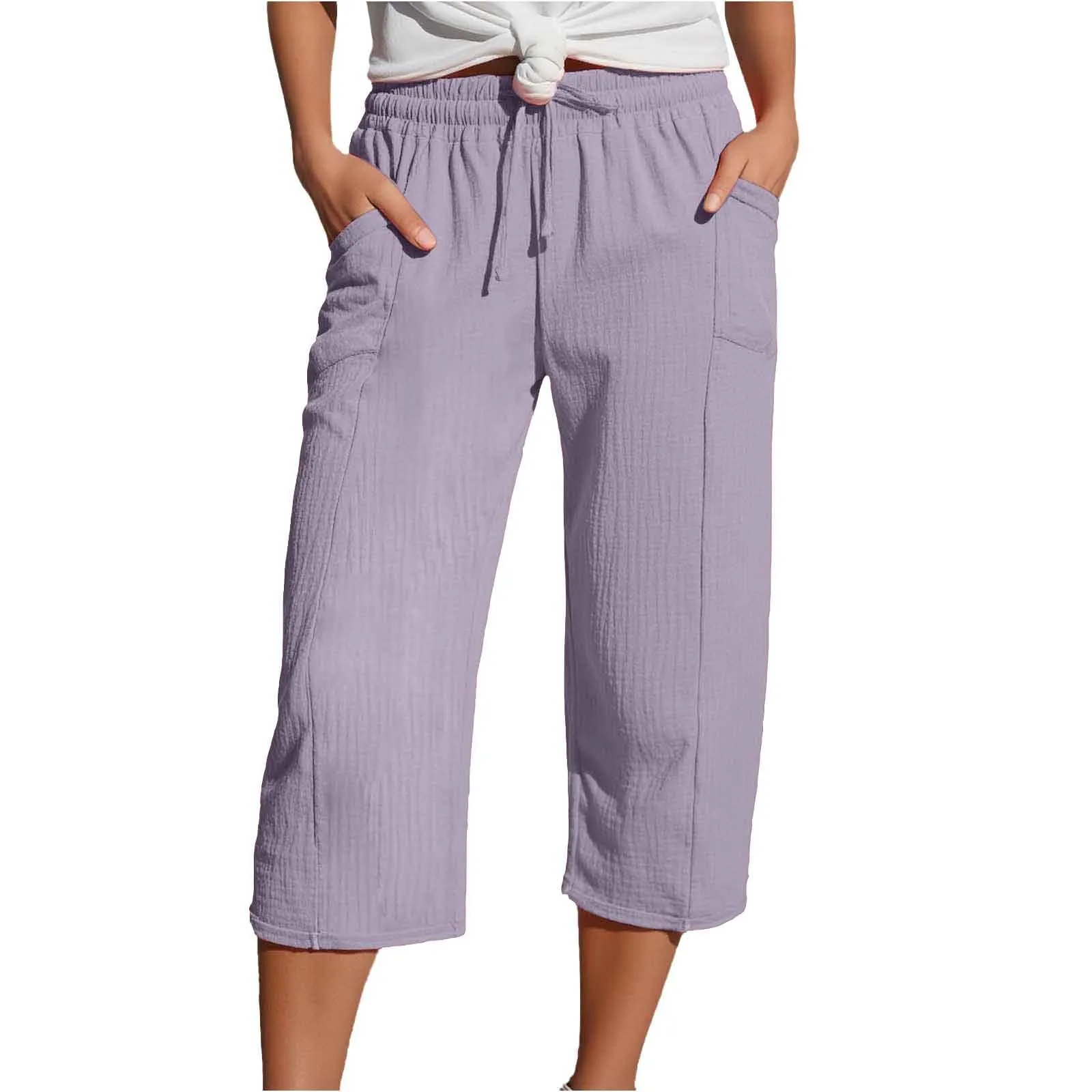 Generico Pantaloni Capri in Lino e Cotone per Donna, Vita Alta, Gamba Larga, Tinta Unita con Tasche - immagine 1