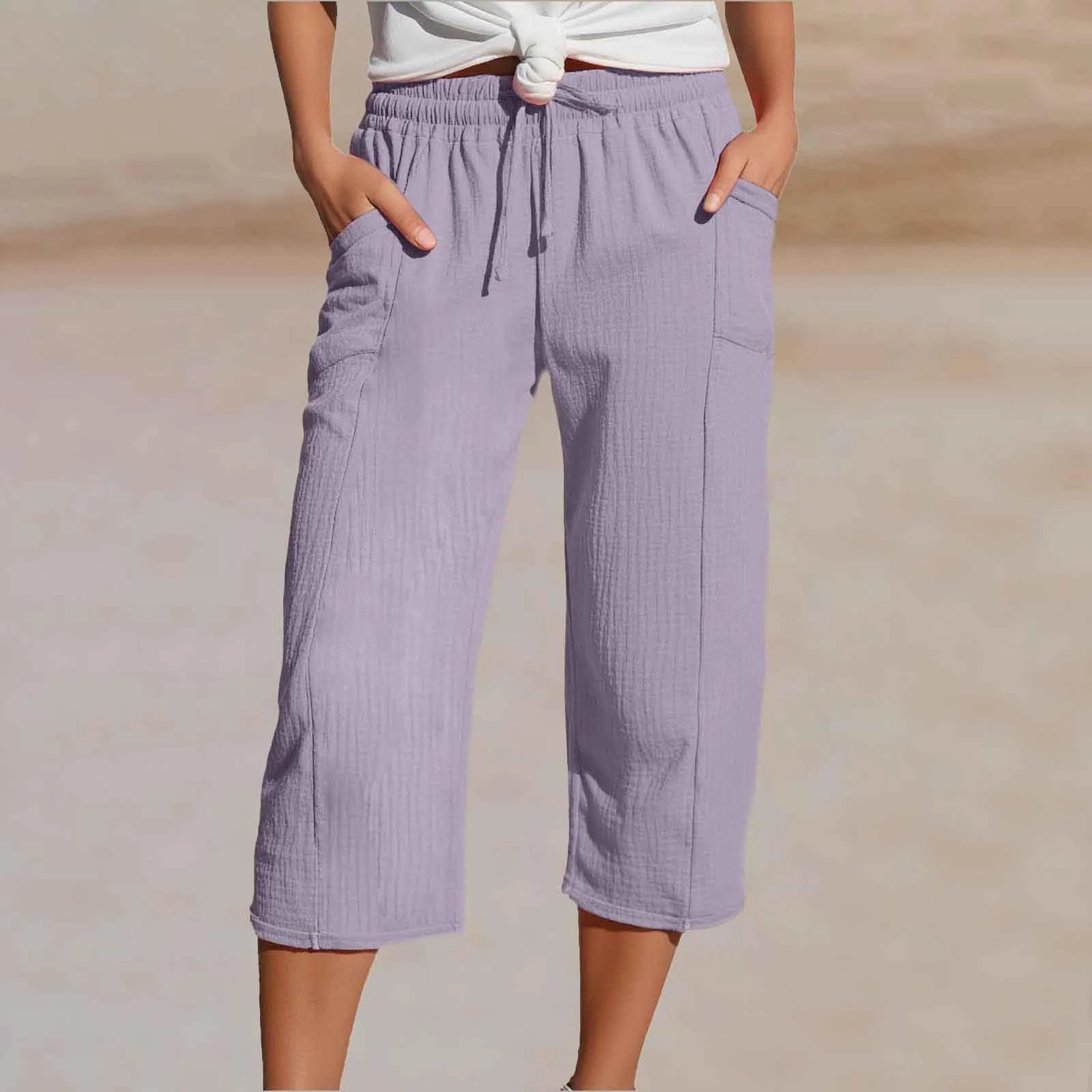 Generico Pantaloni Capri in Lino e Cotone per Donna, Vita Alta, Gamba Larga, Tinta Unita con Tasche - immagine 2