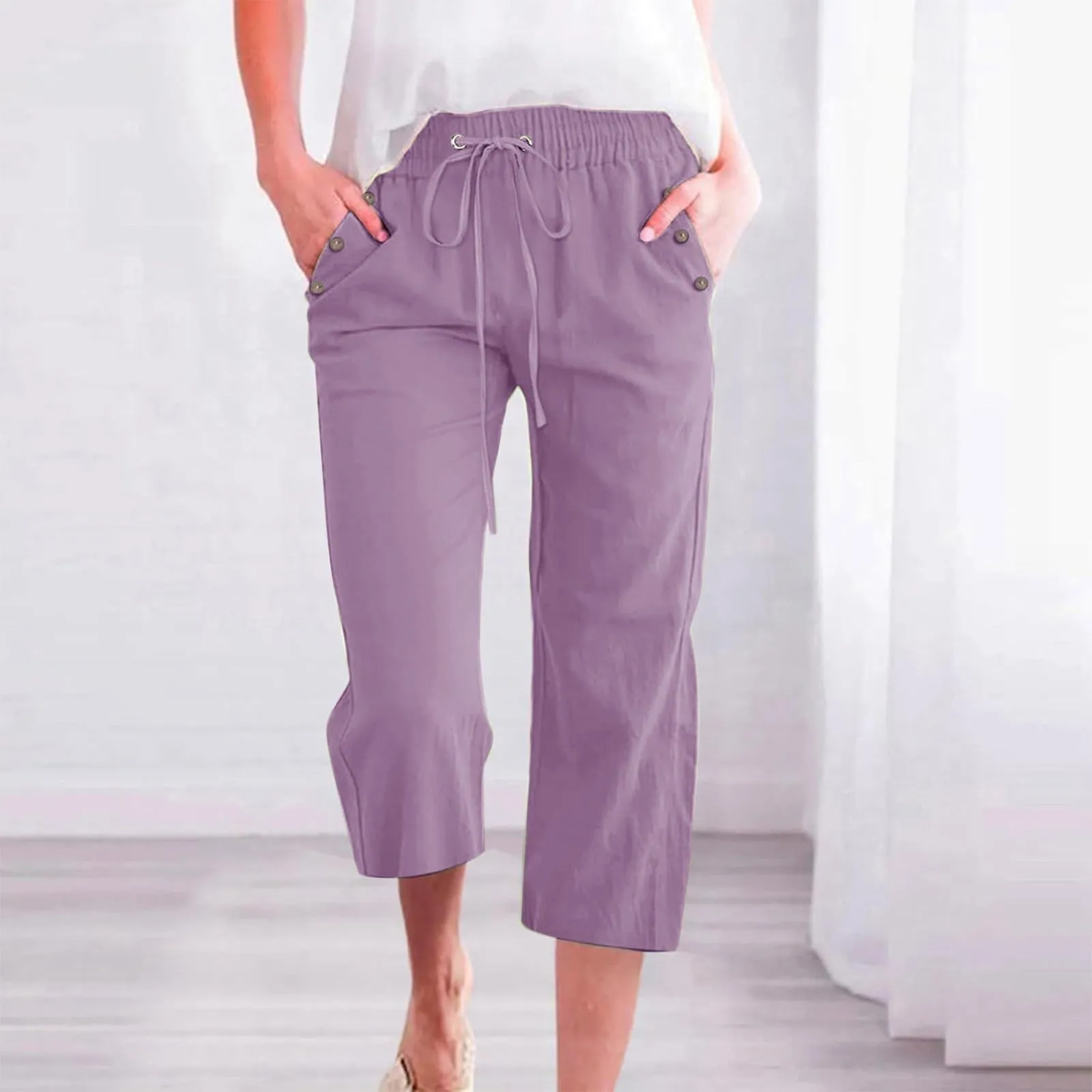 Generico Pantaloni Capri Donna in Lino e Cotone, Vita Alta, Gamba Larga, Tinta Unita con Tasche - immagine 2